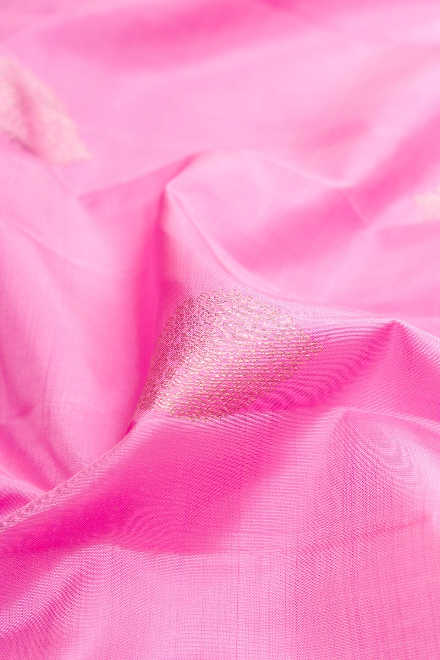 Close up of Rose pink Kanjivaram Silk Saree with Zari Butta on the body and Fancy Border.  displaying folds