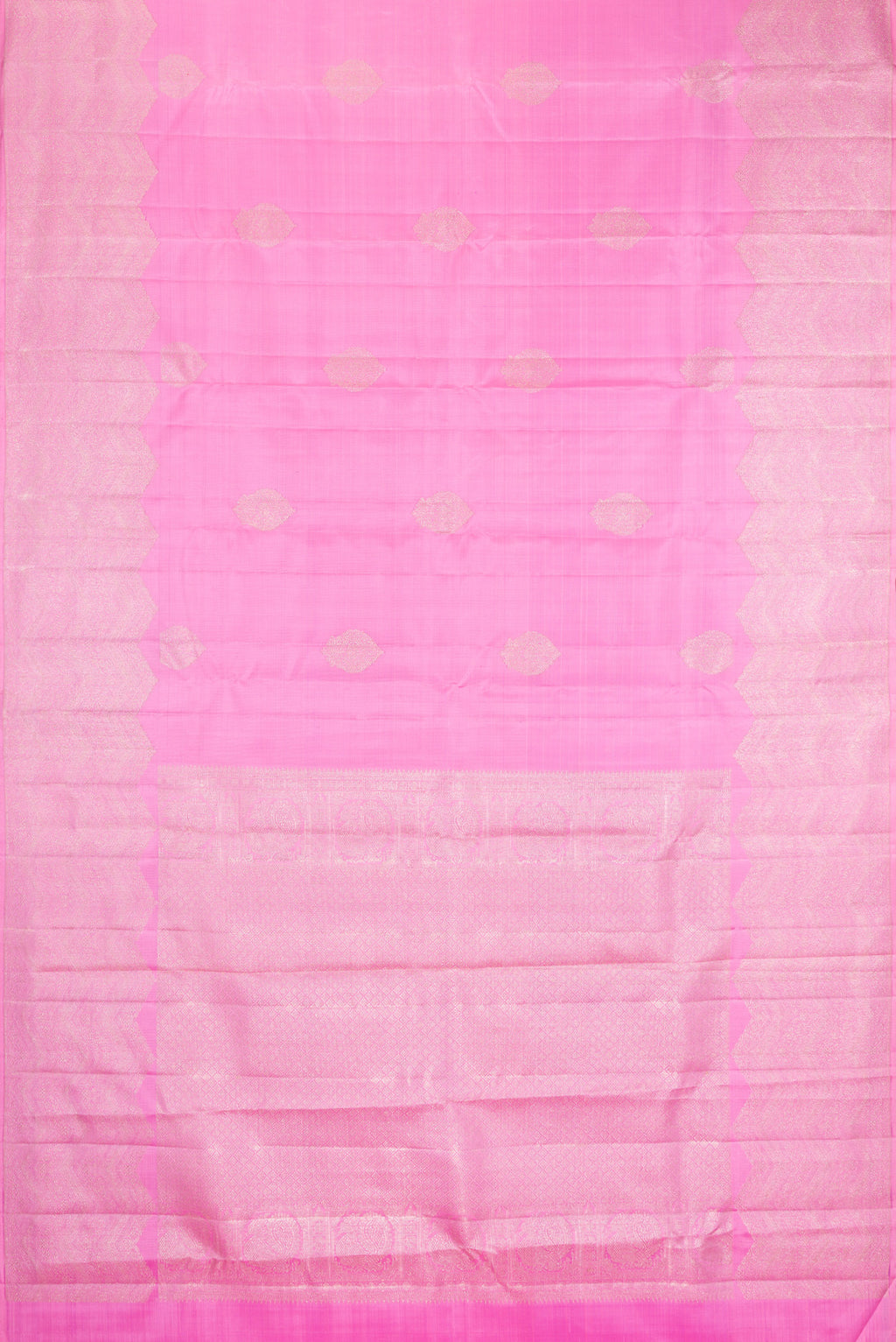 Flat view of Rose pink Kanjivaram Silk Saree with Zari Butta on the body and Fancy Border. 