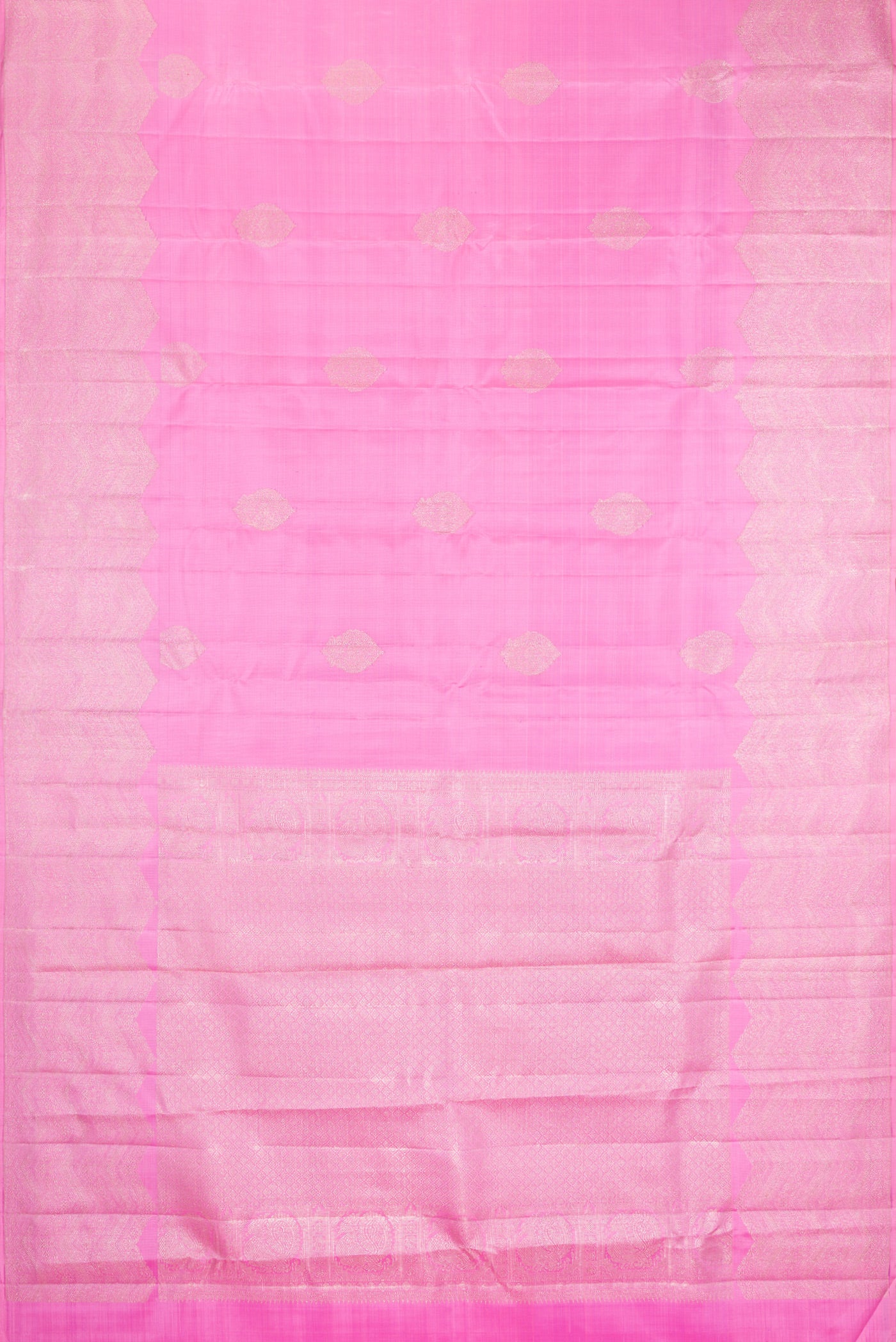 Flat view of Rose pink Kanjivaram Silk Saree with Zari Butta on the body and Fancy Border. 