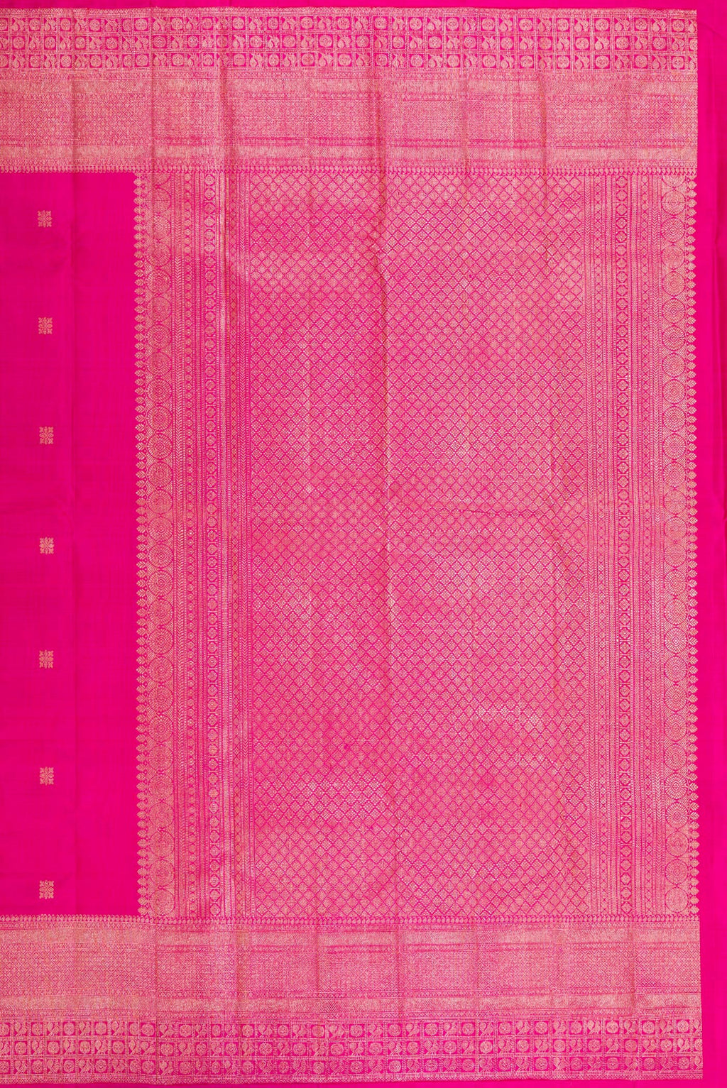 Close up image of the pallu of Dark Pink Kanjivaram Silk Saree with Zari Butta on the body and Fancy Border. 