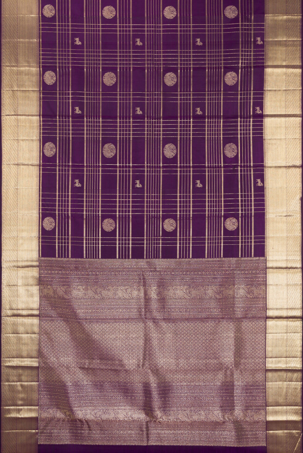 Flat view of Pure Silk Violet Kanchipuram Saree with Checked design on the body and Zari Border. 