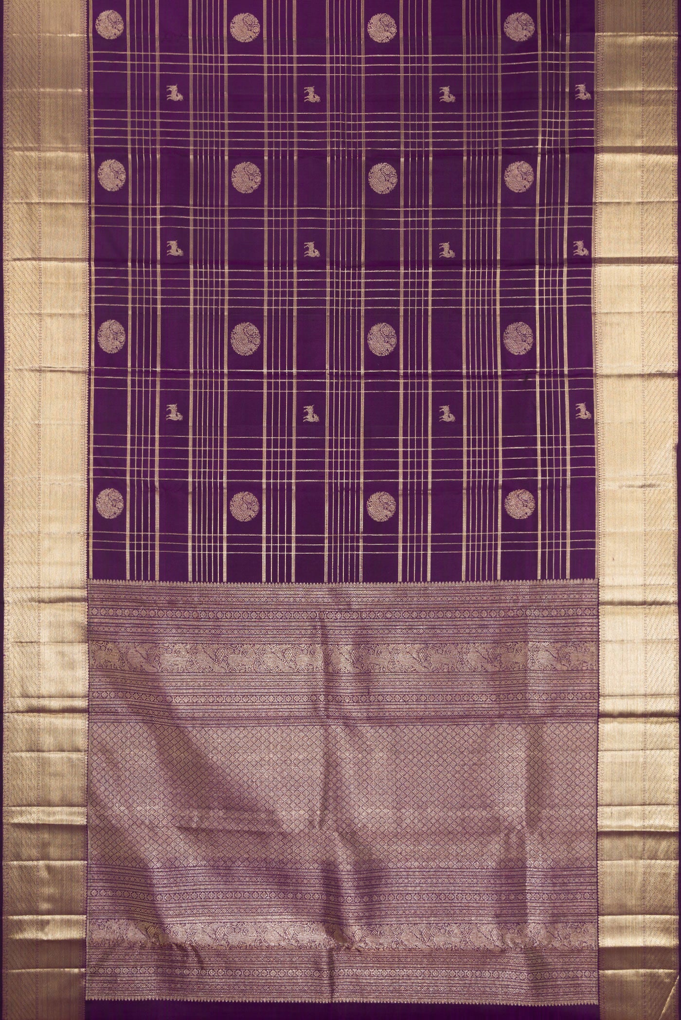 Flat view of Pure Silk Violet Kanchipuram Saree with Checked design on the body and Zari Border. 