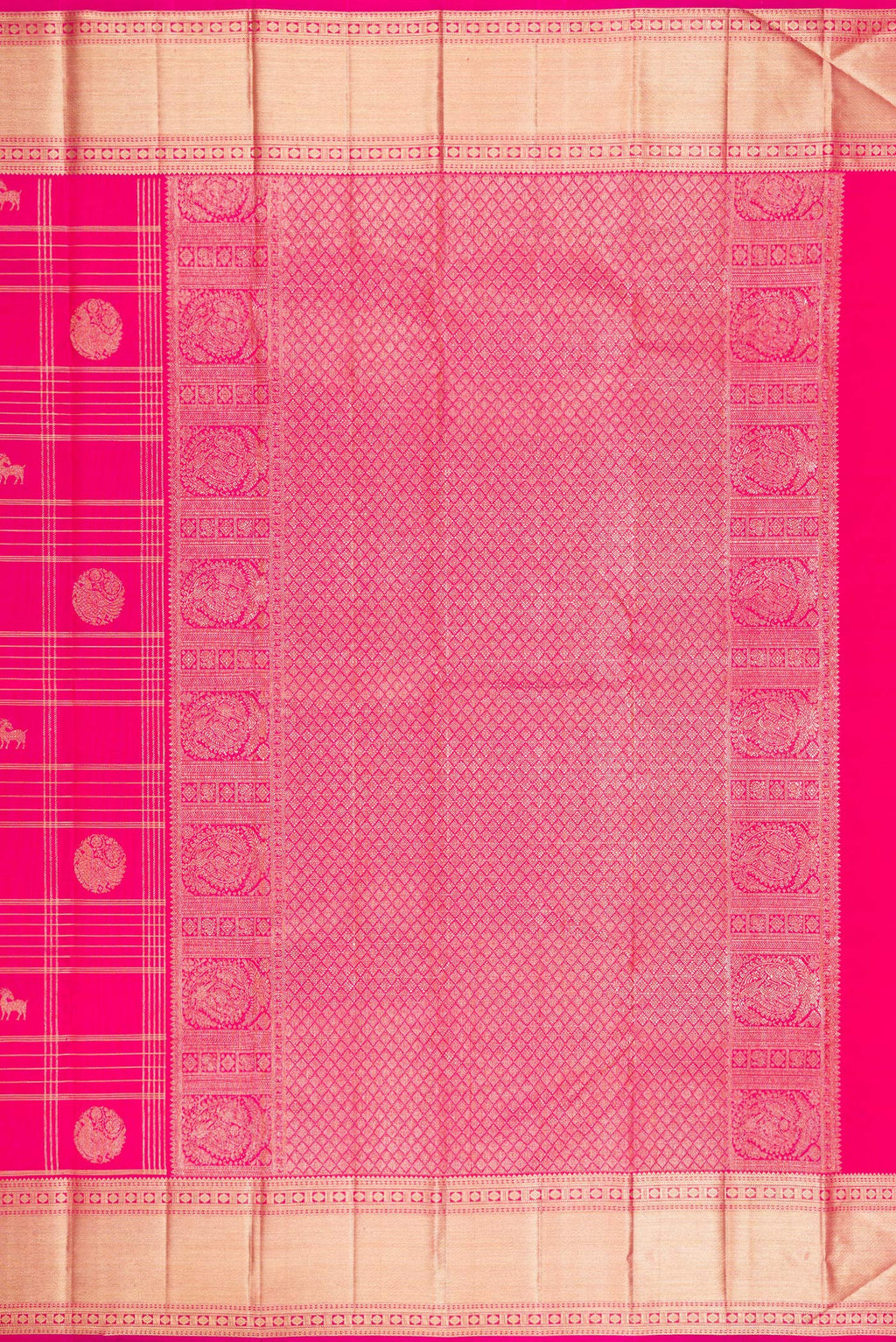 Close up image of the pallu of Rani Pink Kanchipuram Silk Saree with Checked design on the body and Zari Border. 