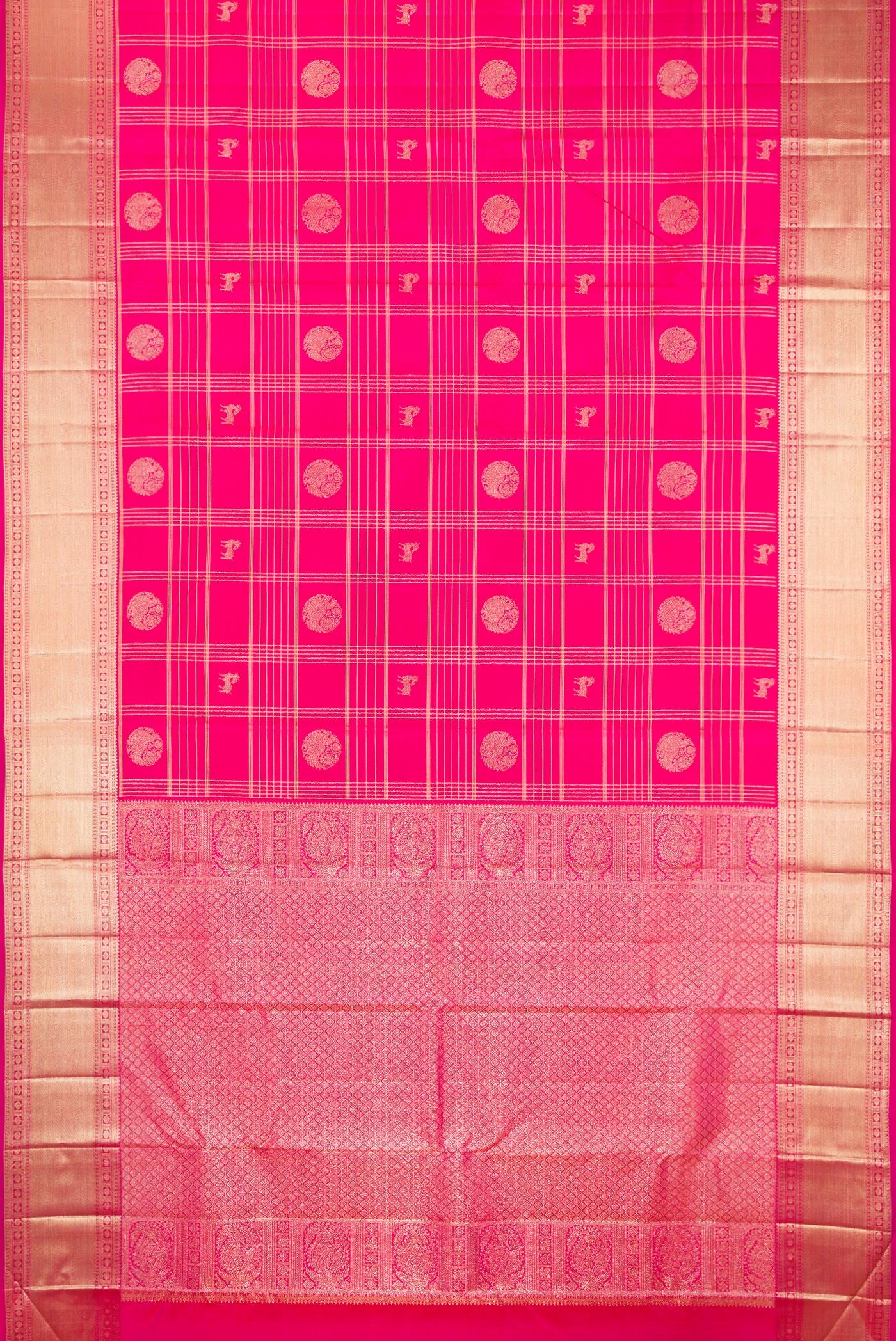 Flat view of Rani Pink Kanchipuram Silk Saree with Checked design on the body and Zari Border. 