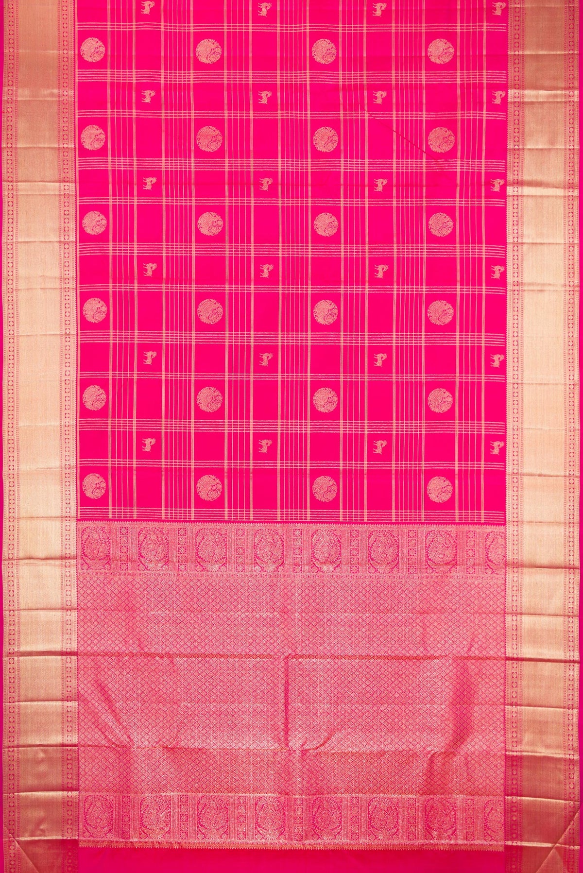 Flat view of Rani Pink Kanchipuram Silk Saree with Checked design on the body and Zari Border. 