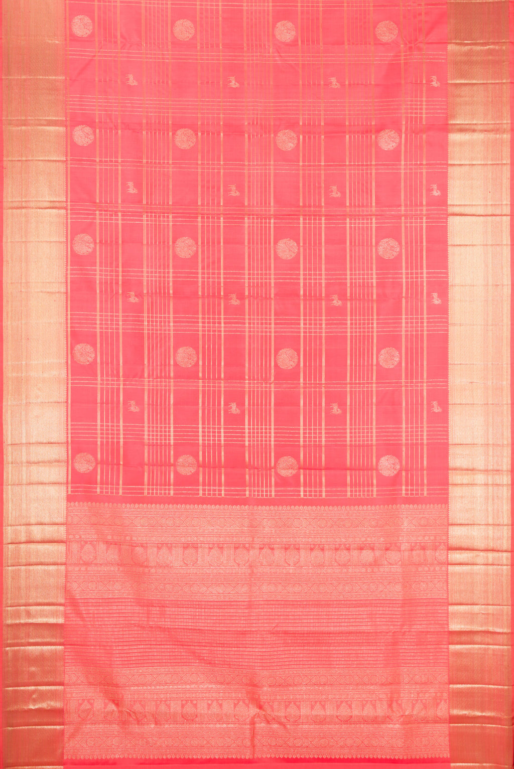 Flat view of Coral Kanchipuram Silk Saree with Checked design on the body and Zari Border. 