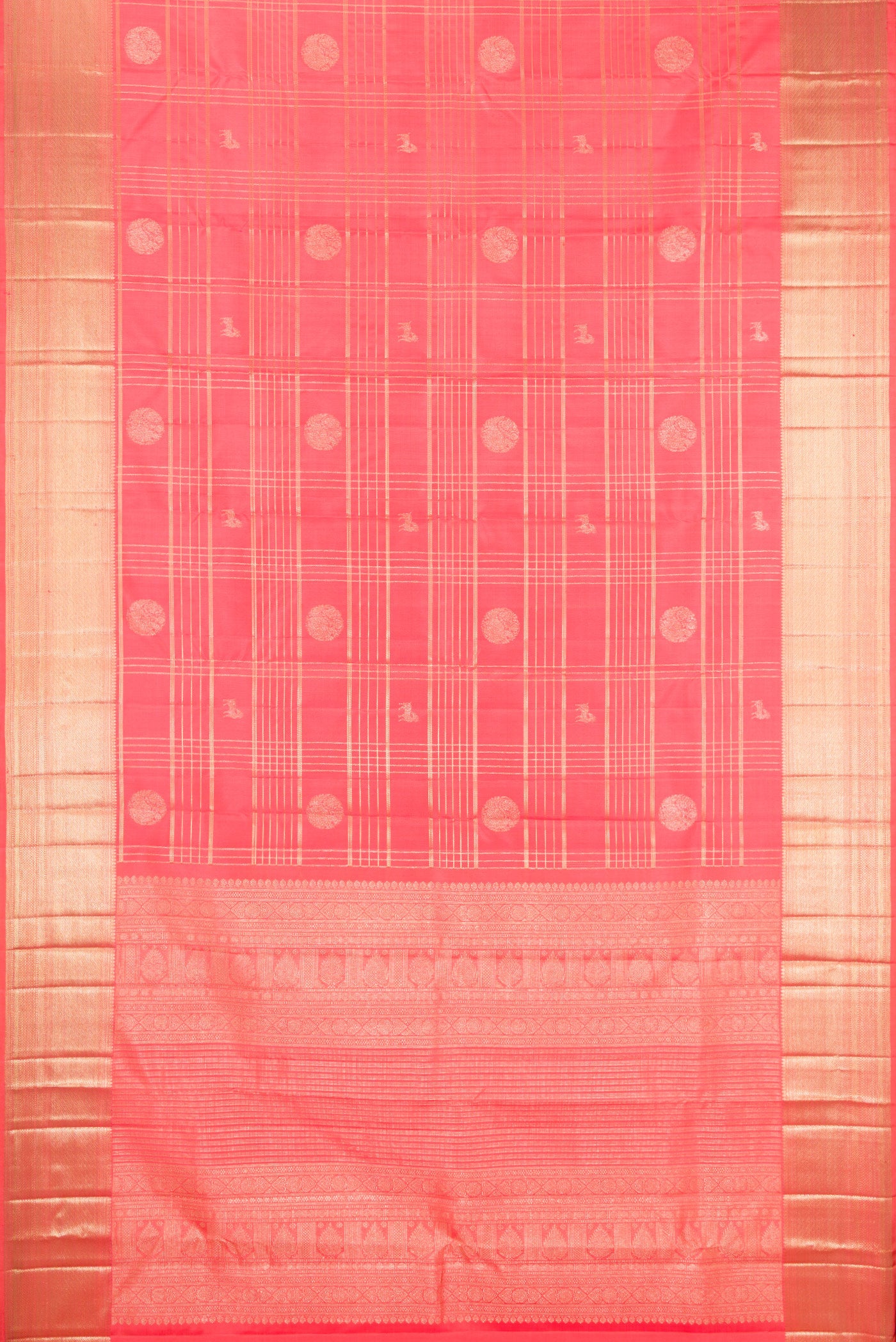 Flat view of Coral Kanchipuram Silk Saree with Checked design on the body and Zari Border. 