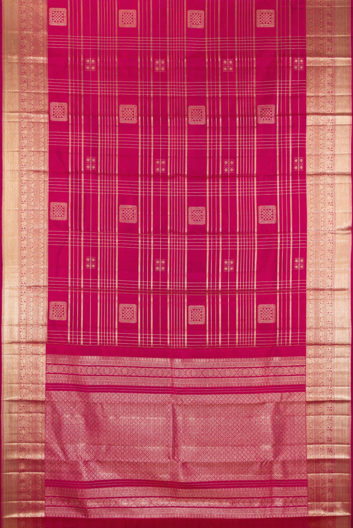 Flat view of Pure Silk Dark Pink Kanchipuram Saree with Checked design on the body and Zari Border. 