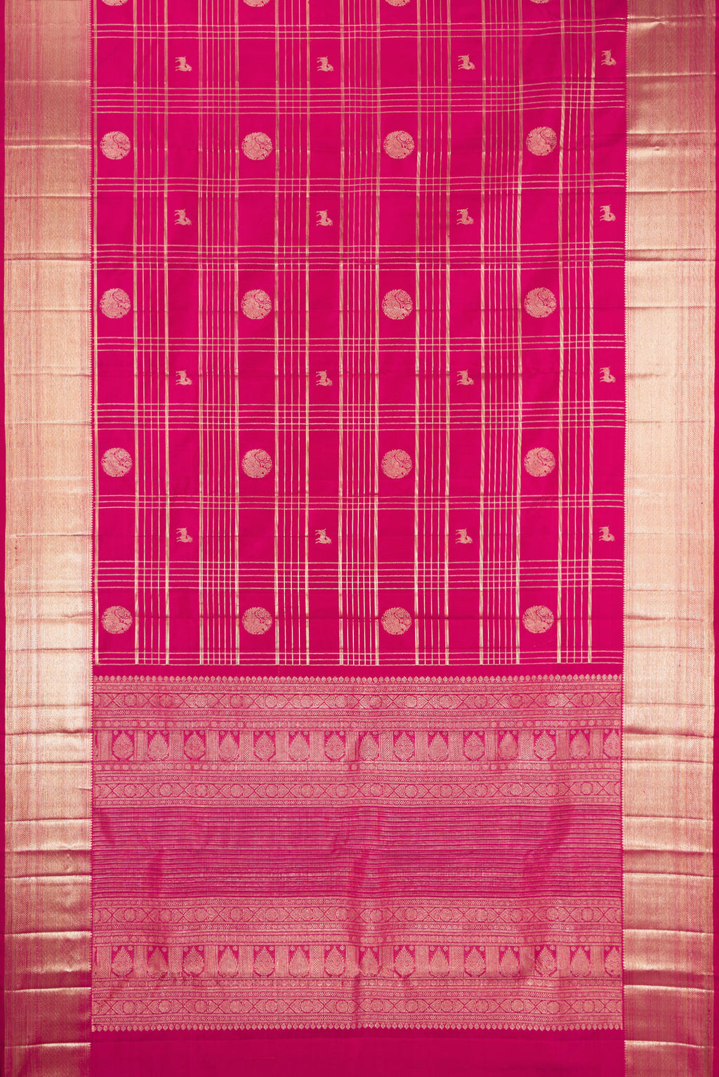Flat view of Magenta Kanchipuram Silk Saree with Checked design on the body and Zari Border. 