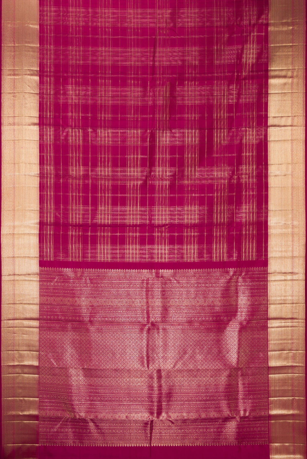 Flat view of Pure Silk Dark Pink Kanchipuram Saree with Checked design on the body and Zari Border. 