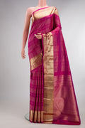 Pure Silk Dark Pink Kanchipuram Saree with Checked design on the body and Zari Border.  displayed on a mannequin