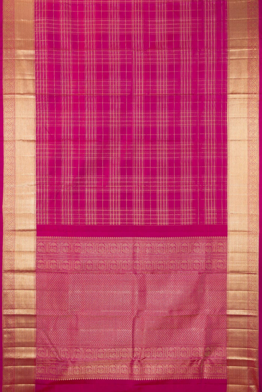 Flat view of Pure Silk Dark Pink Kanchipuram Saree with Checked design on the body and Zari Border. 