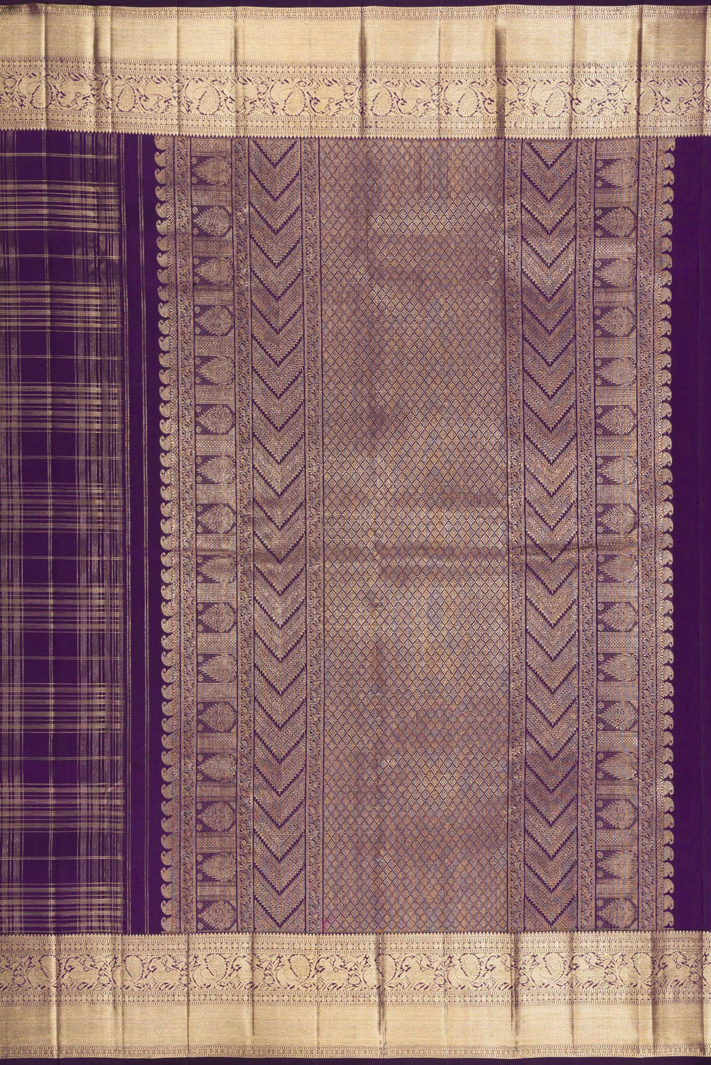 Close up image of the pallu of Violet Kanchipuram Silk Saree with Checked design on the body and Zari Border. 