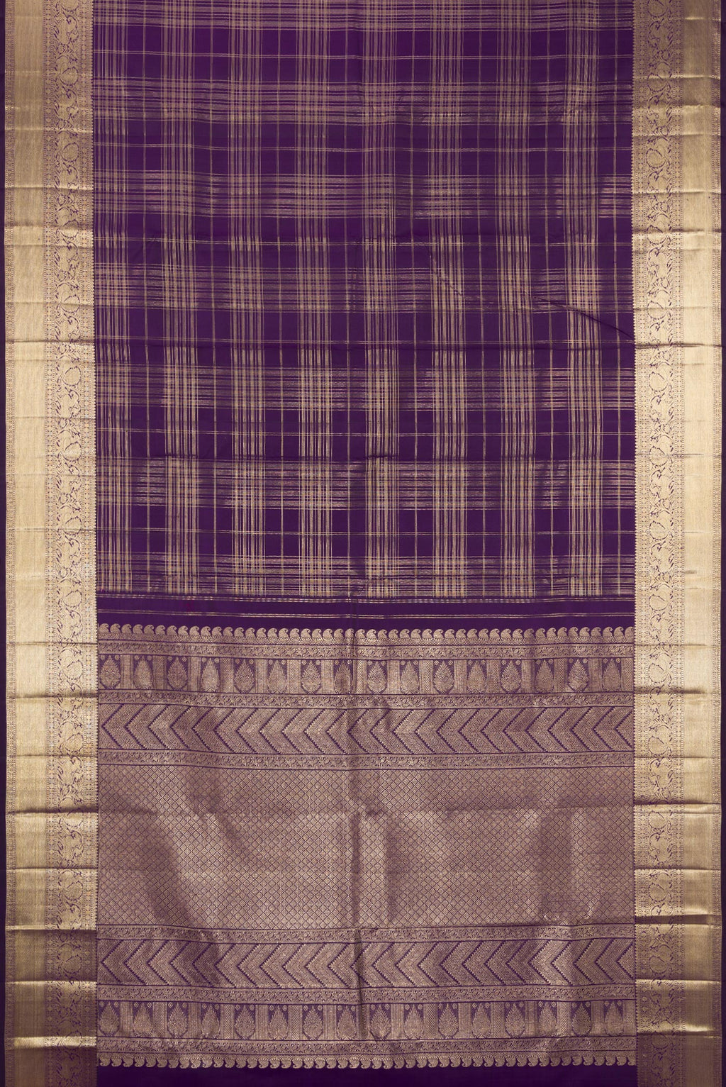 Flat view of Violet Kanchipuram Silk Saree with Checked design on the body and Zari Border. 