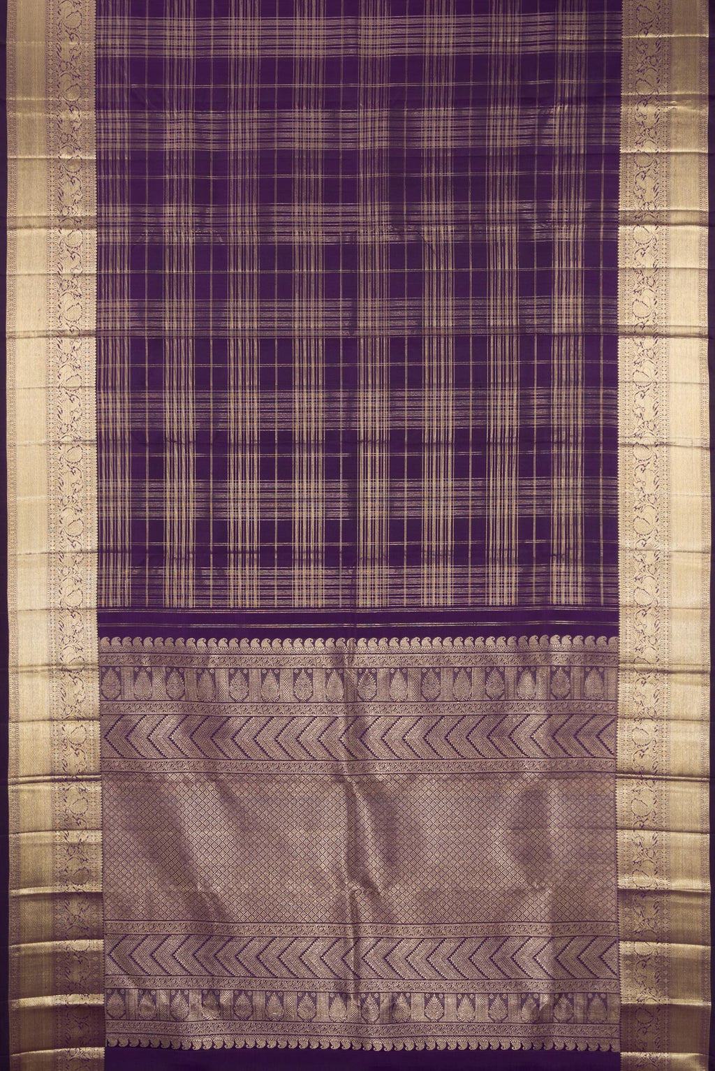 Flat view of Violet Kanchipuram Silk Saree with Checked design on the body and Zari Border. 