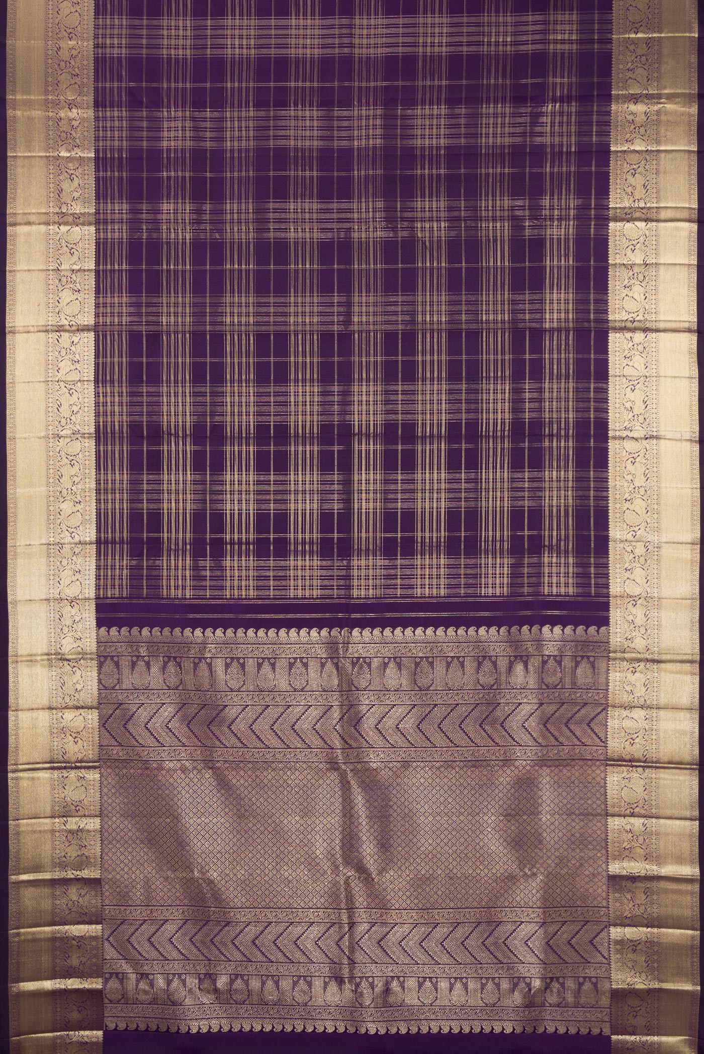 Flat view of Violet Kanchipuram Silk Saree with Checked design on the body and Zari Border. 