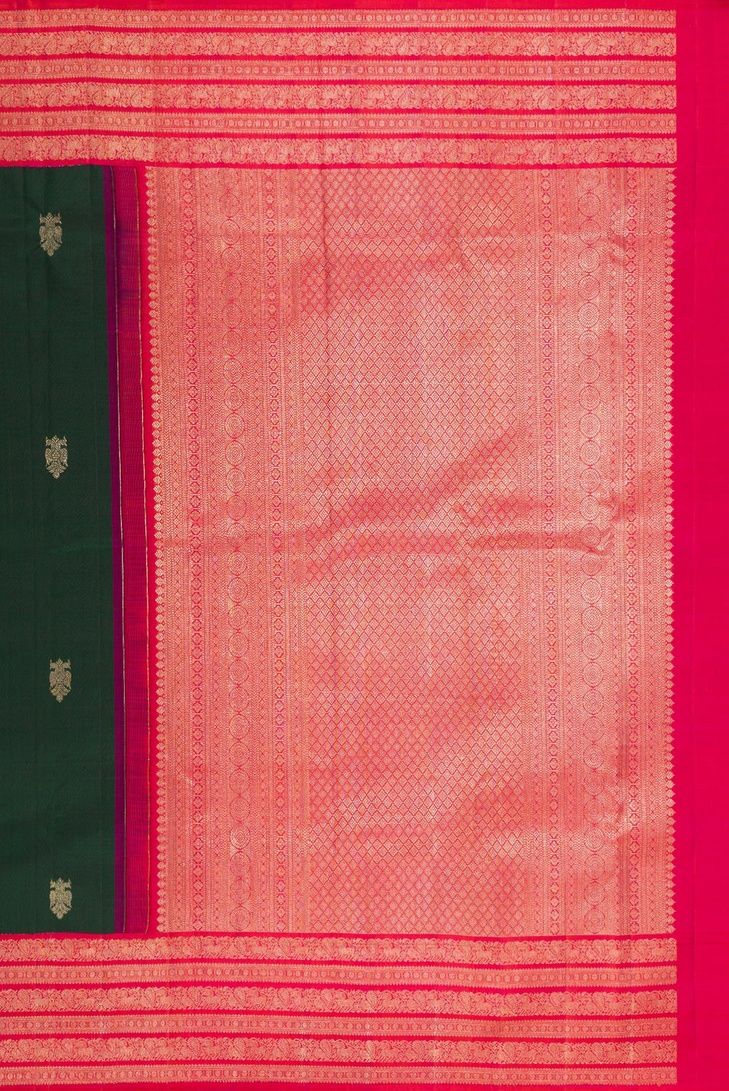 Close up image of the pallu of Pure Silk Bottle Green Kanchipuram Saree with Zari Butta on the body and Zari Border. 