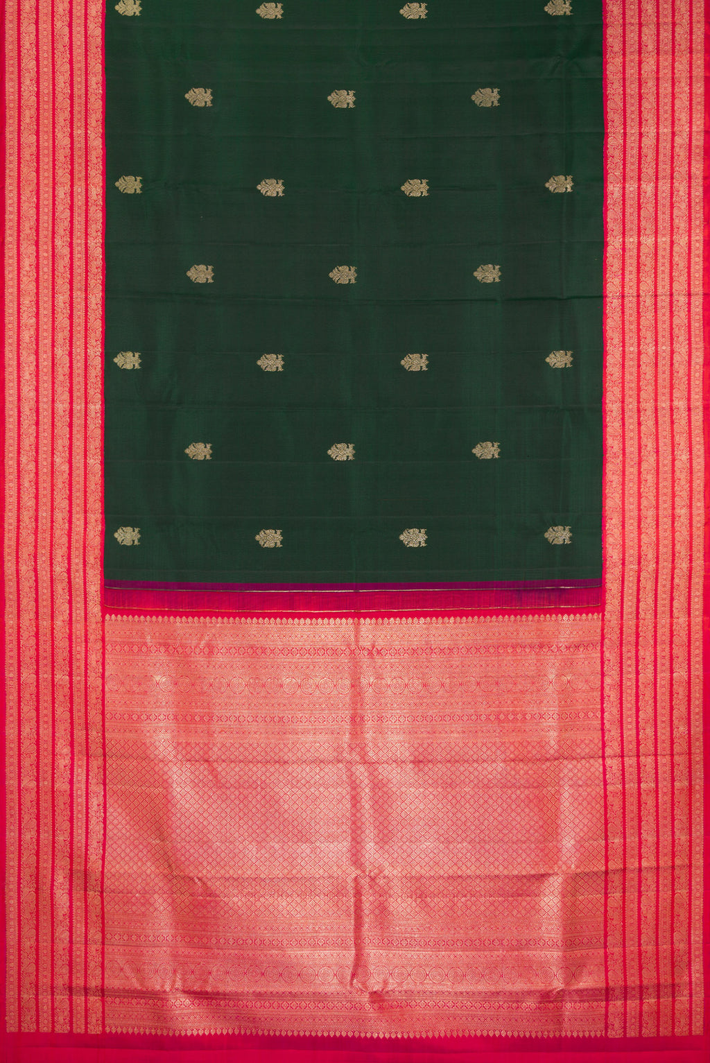 Flat view of Pure Silk Bottle Green Kanchipuram Saree with Zari Butta on the body and Zari Border. 