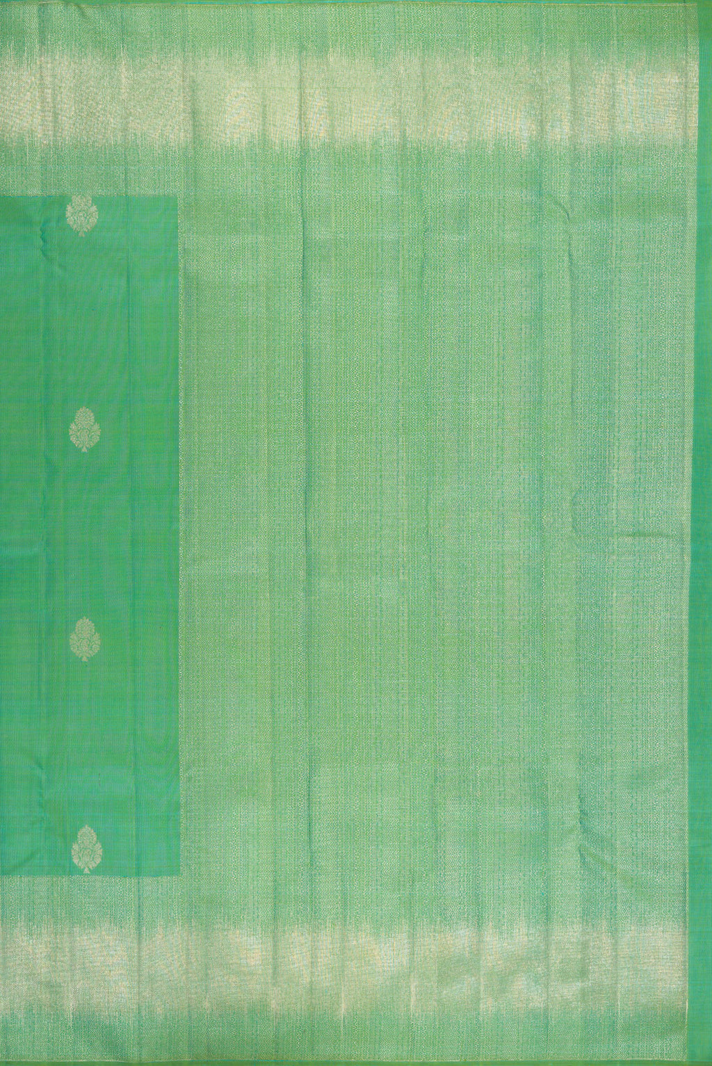 Close up image of the pallu of Sea Green Kanjivaram Silk Saree with Zari Butta on the body and Fancy Border. 