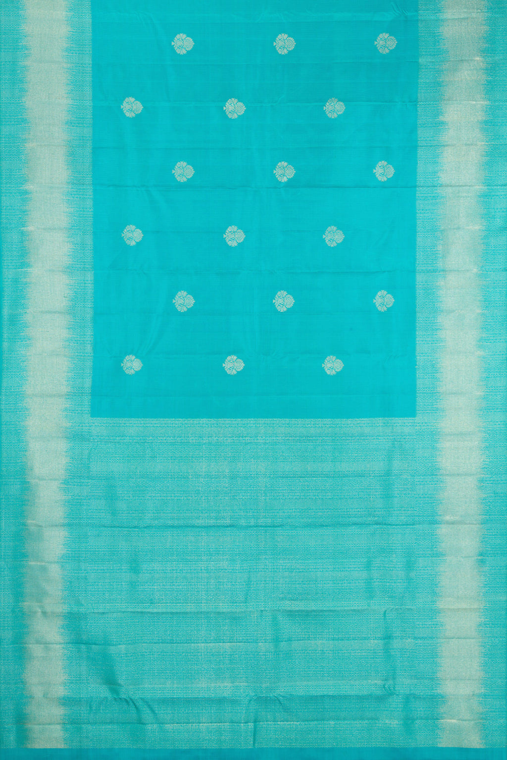 Flat view of Sky Blue Kanjivaram Silk Saree with Zari Butta on the body and Fancy Border. 