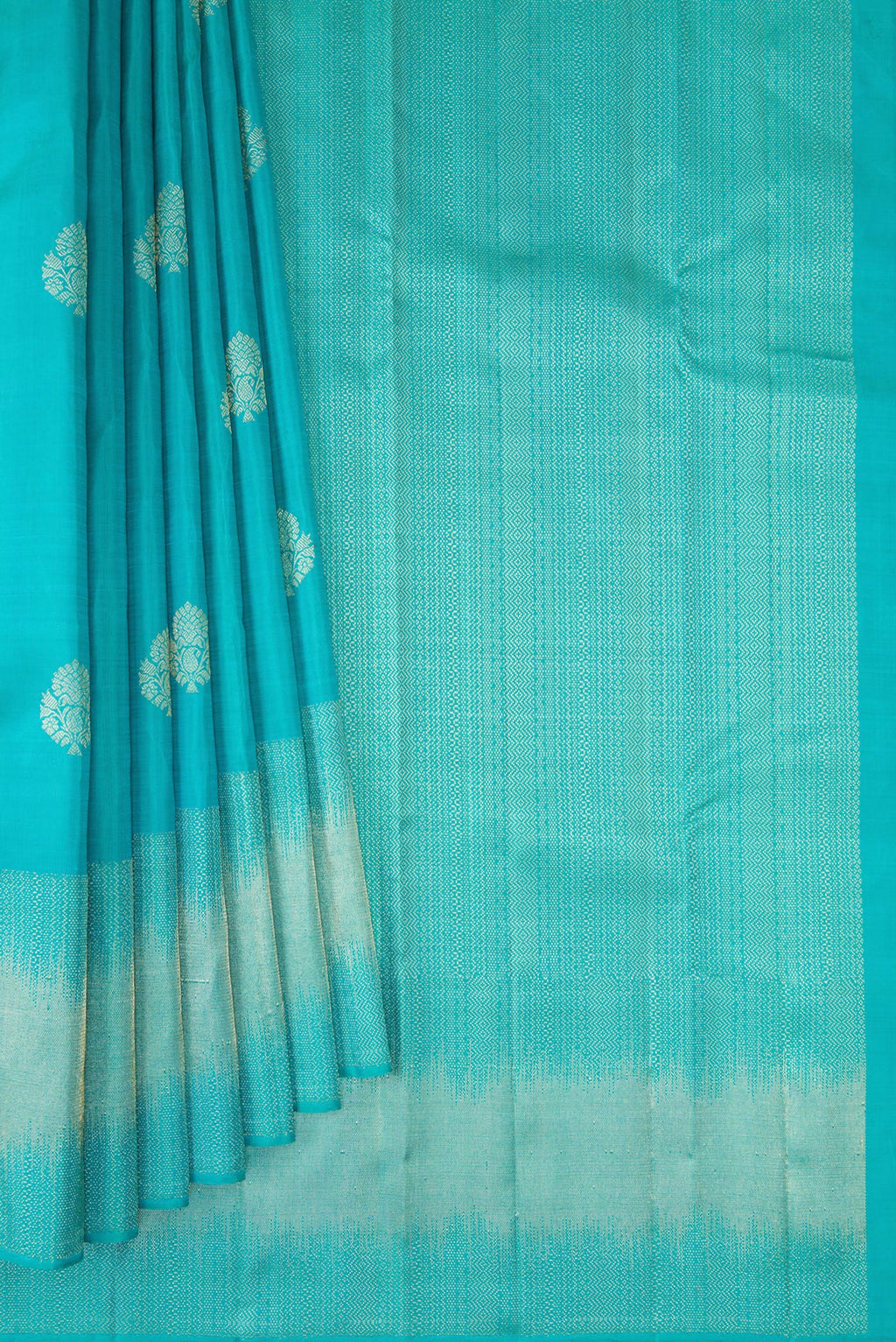 Pleats and pallu of Sky Blue Kanjivaram Silk Saree with Zari Butta on the body and Fancy Border. 
