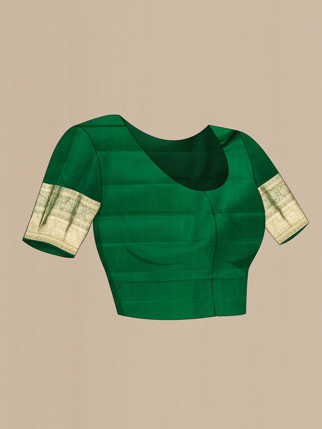 Close up image of the blouse of Green Kanchipuram Silk Saree with Zari Brocade on the body and Zari Border. 