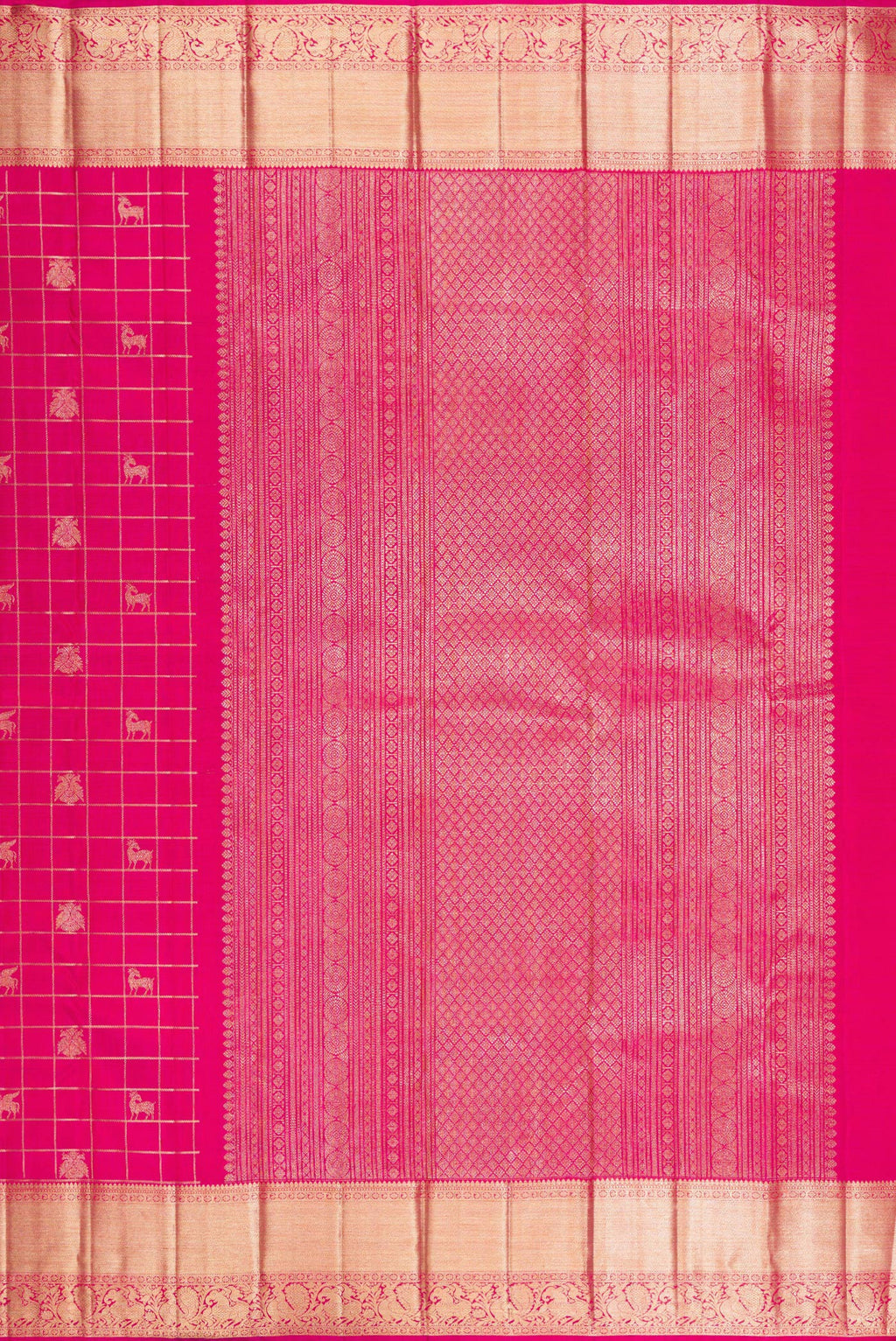 Close up image of the pallu of Dark Pink Kanchipuram Silk Saree with Checked design on the body and Zari Border. 