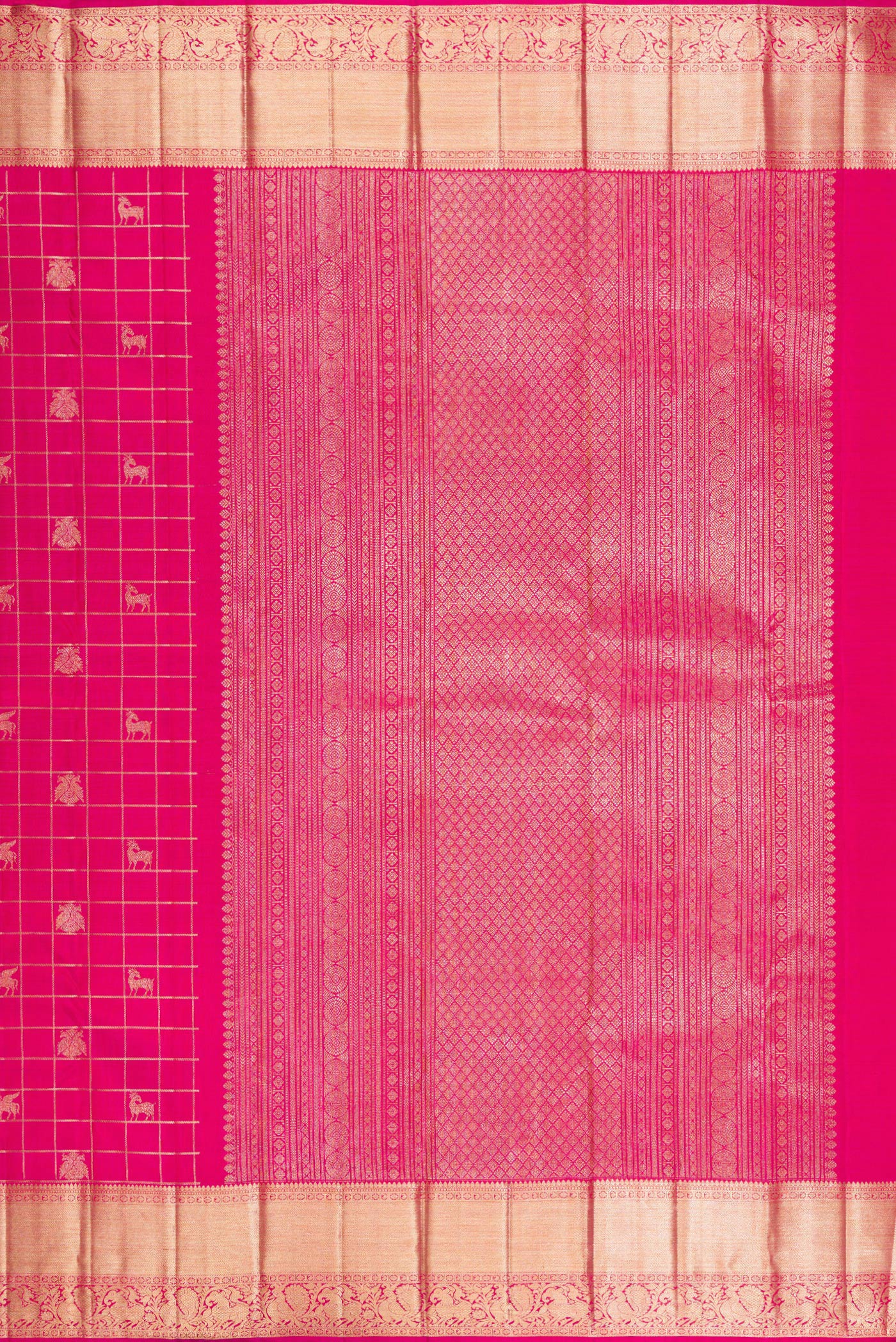 Close up image of the pallu of Dark Pink Kanchipuram Silk Saree with Checked design on the body and Zari Border. 
