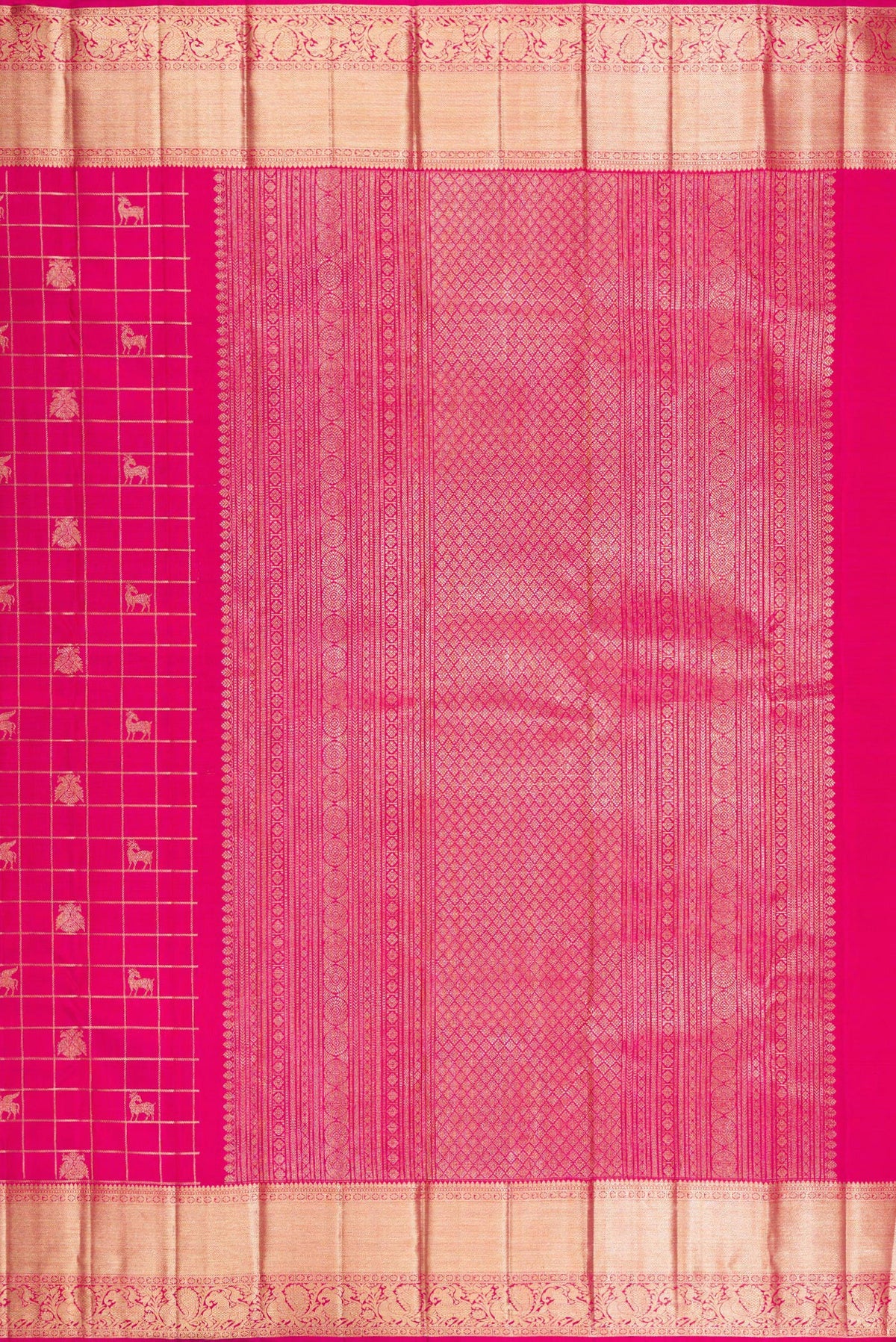 Close up image of the pallu of Dark Pink Kanchipuram Silk Saree with Checked design on the body and Zari Border. 