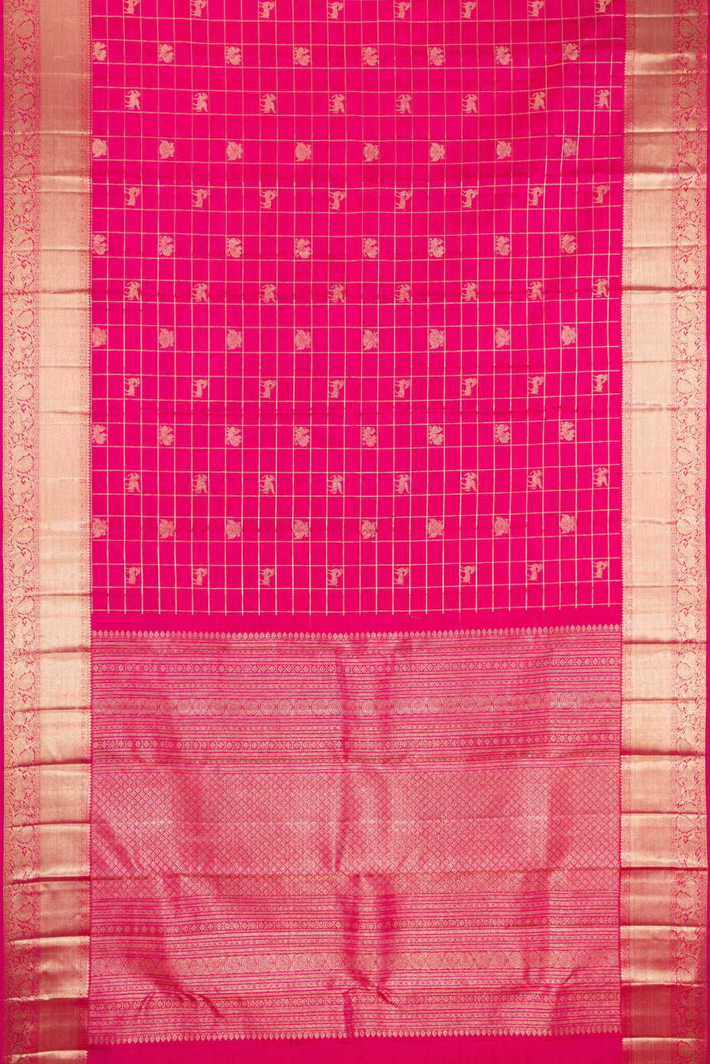 Flat view of Dark Pink Kanchipuram Silk Saree with Checked design on the body and Zari Border. 