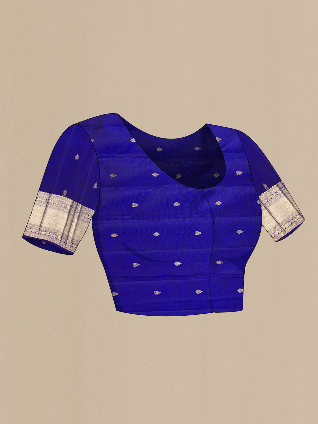 Close up image of the blouse of Royal Blue Kanchipuram Silk Saree with Checked design on the body and Zari Border. 