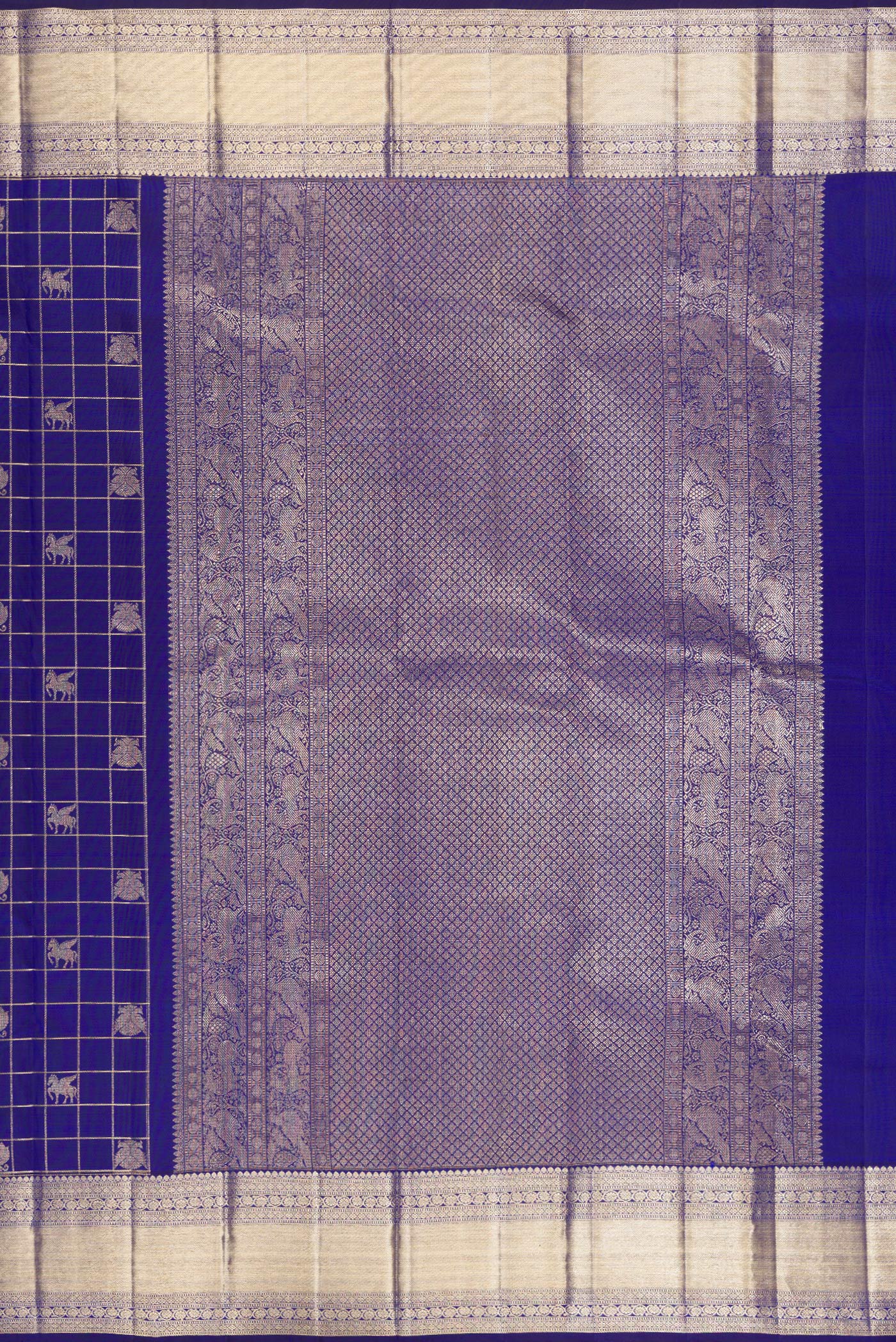 Close up image of the pallu of Royal Blue Kanchipuram Silk Saree with Checked design on the body and Zari Border. 