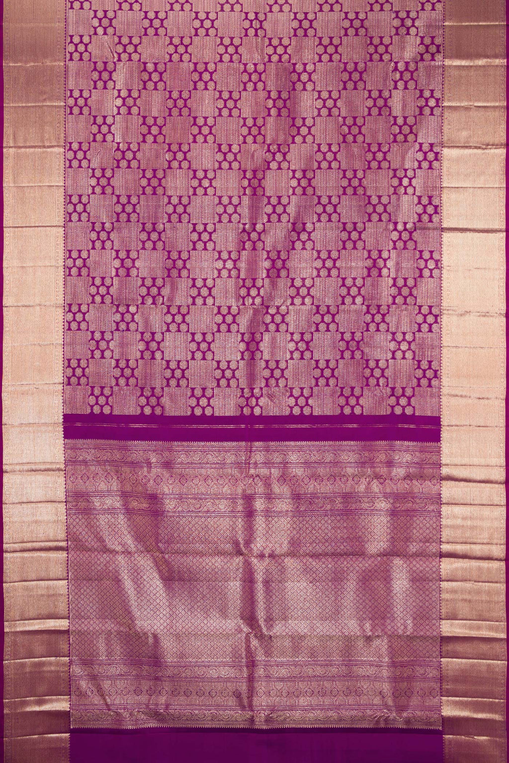 Flat view of Purple Kanchipuram Silk Saree with Zari Brocade on the body and Zari Border. 
