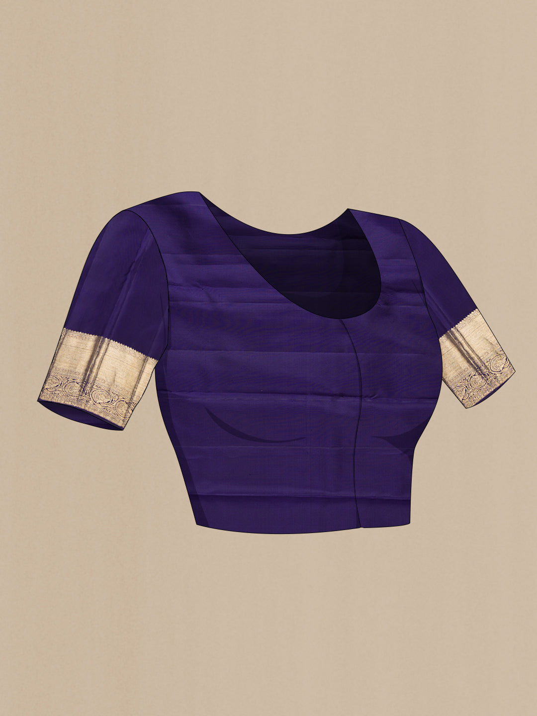 Close up image of the blouse of Navy Blue Kanchipuram Silk Saree with Zari Brocade on the body and Zari Border. 