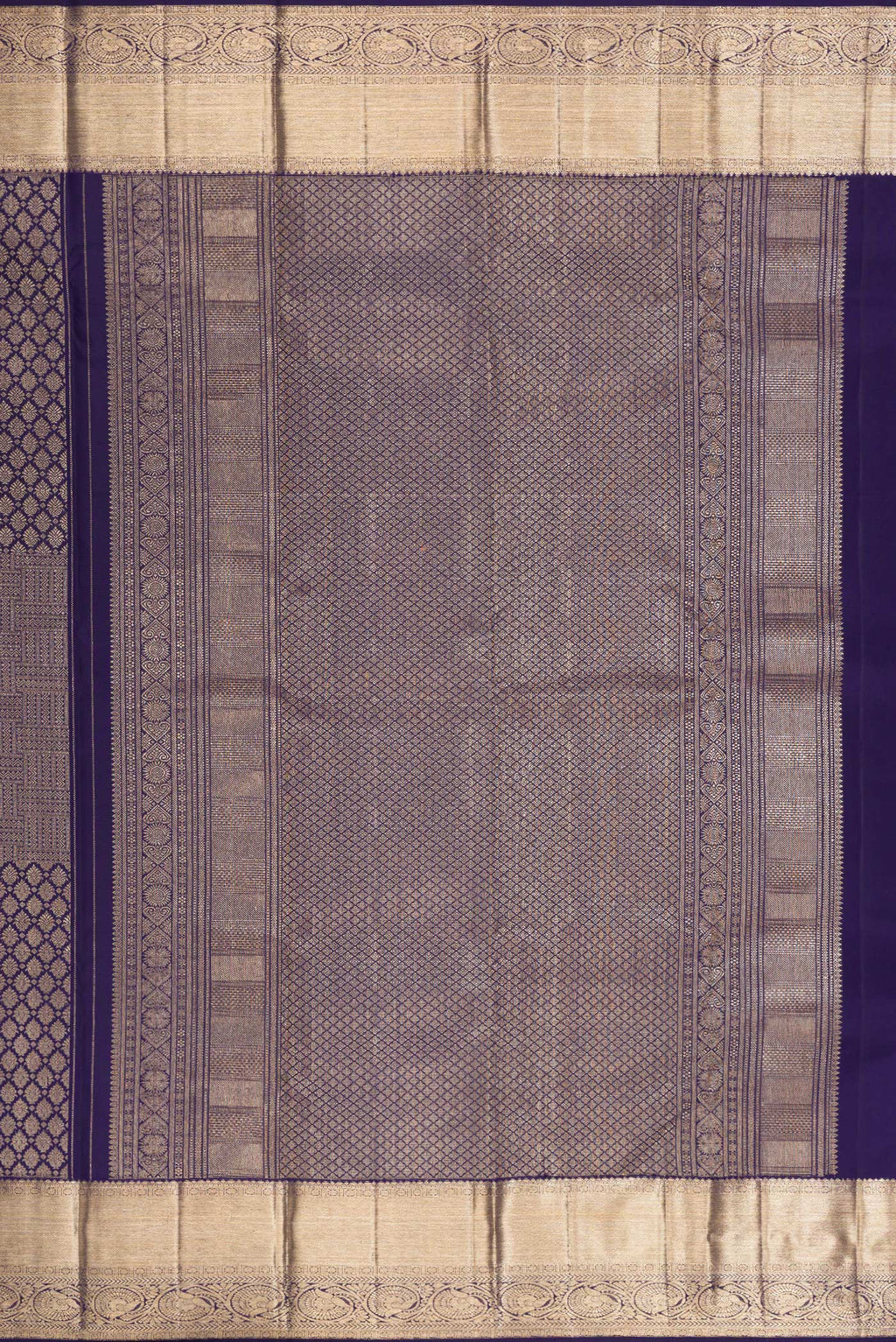 Close up image of the pallu of Navy Blue Kanchipuram Silk Saree with Zari Brocade on the body and Zari Border. 
