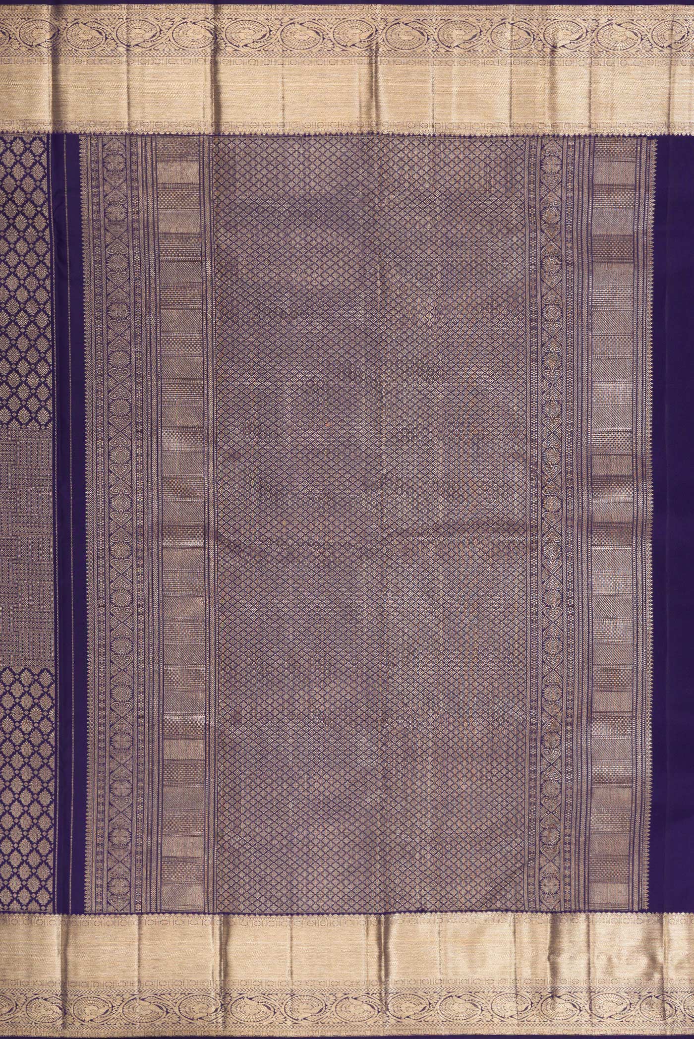 Close up image of the pallu of Navy Blue Kanchipuram Silk Saree with Zari Brocade on the body and Zari Border. 