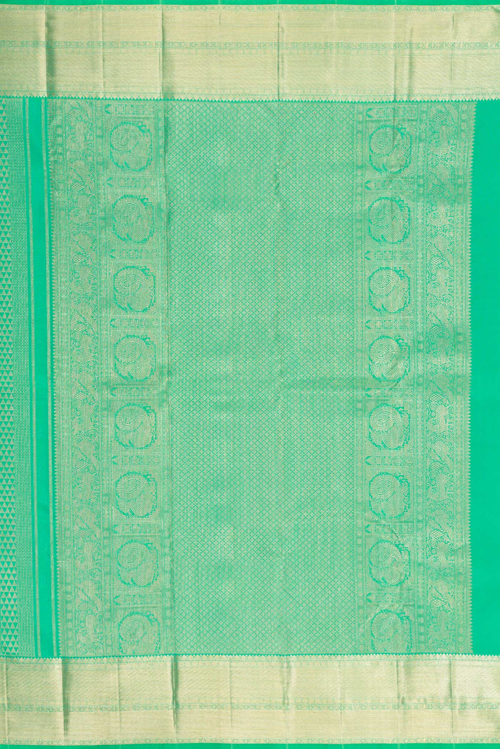 Close up image of the pallu of Sea Green Kanchipuram Silk Saree with Zari Brocade on the body and Zari Border. 