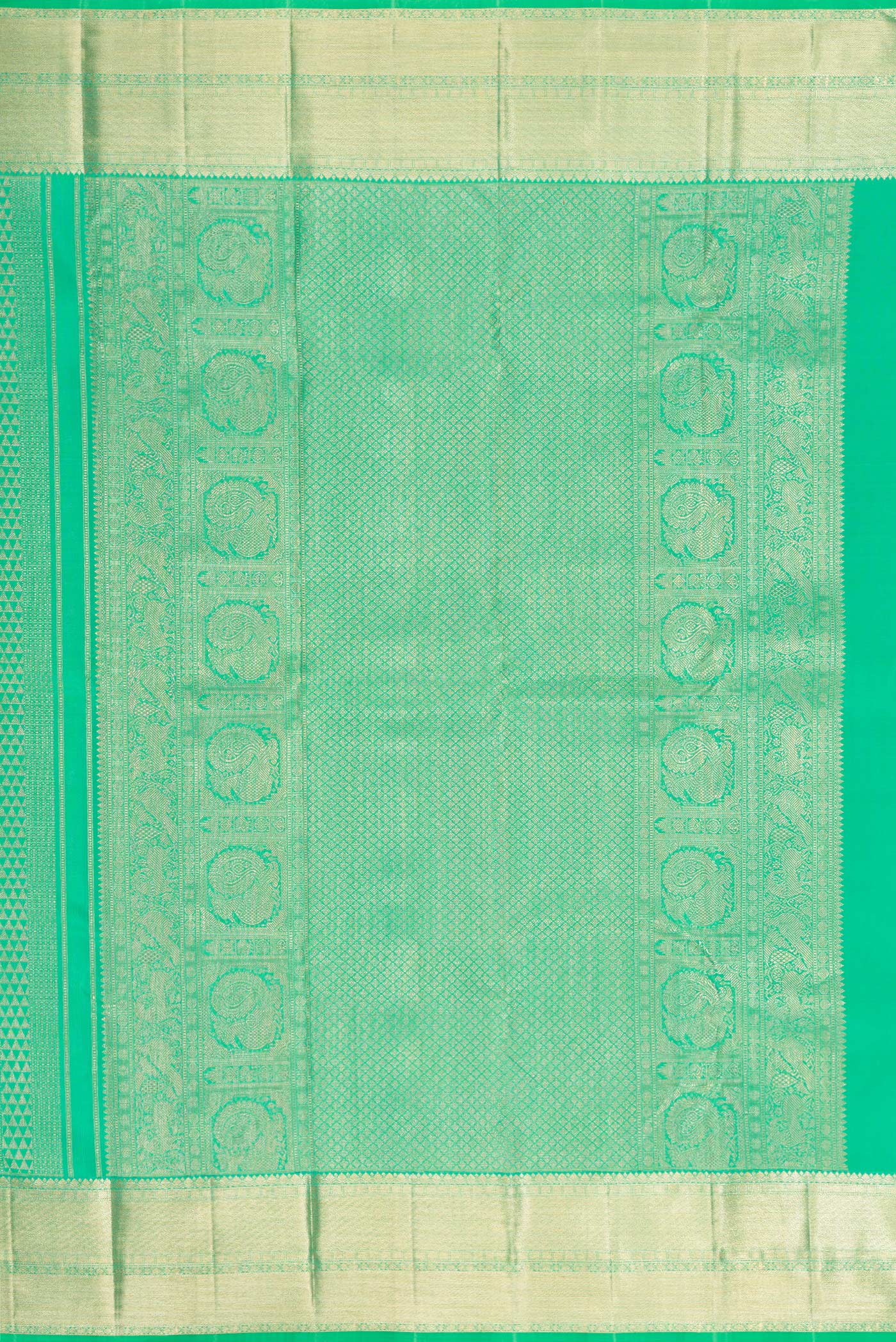 Close up image of the pallu of Sea Green Kanchipuram Silk Saree with Zari Brocade on the body and Zari Border. 