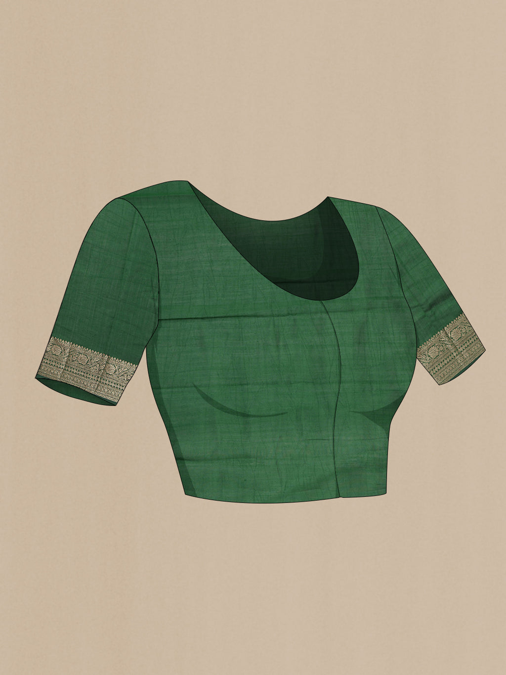 Close up image of the blouse of Mustard Tussar Silk Saree with Zari Butta on the body and Zari Border. 