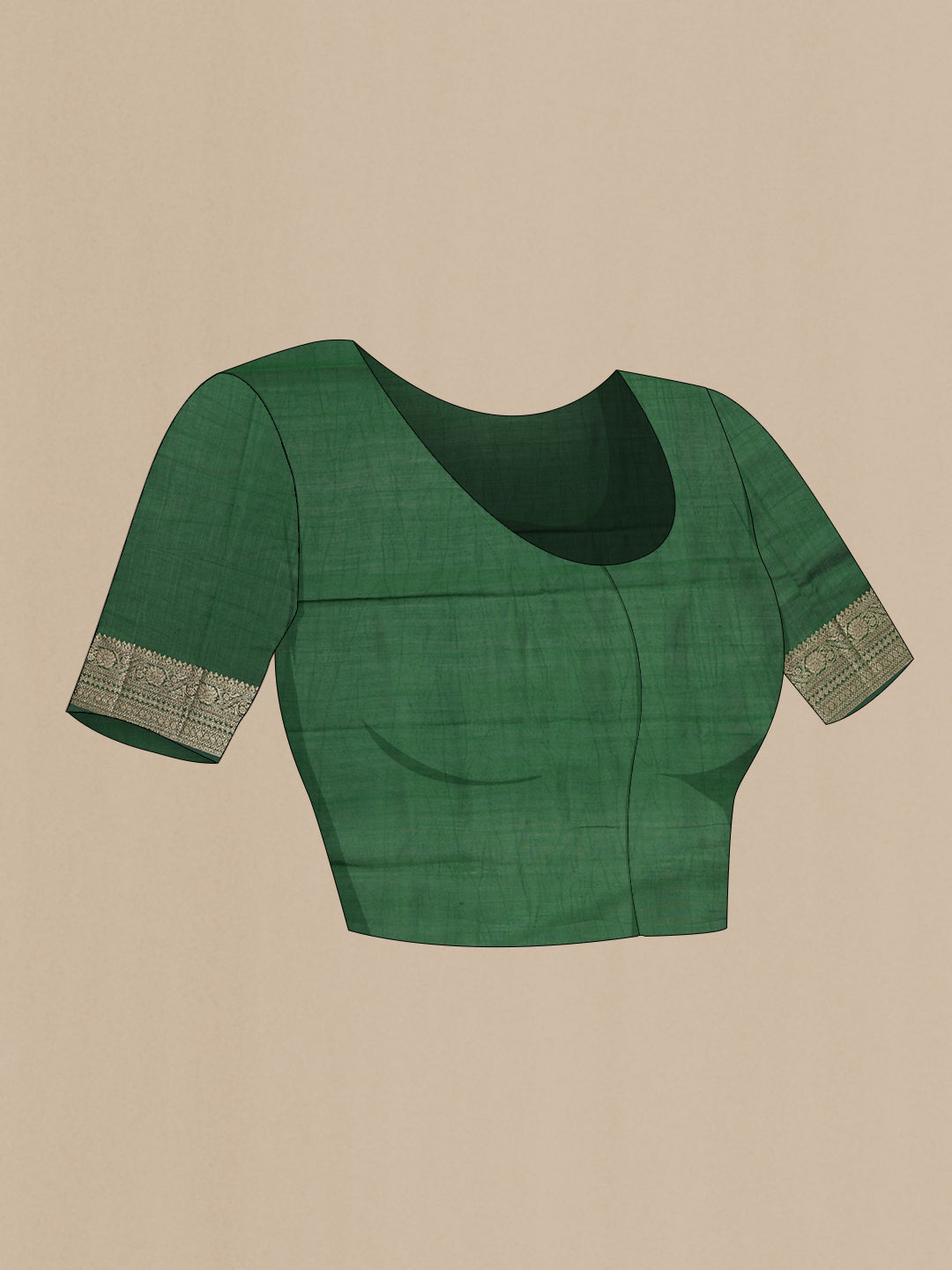 Close up image of the blouse of Mustard Tussar Silk Saree with Zari Butta on the body and Zari Border. 