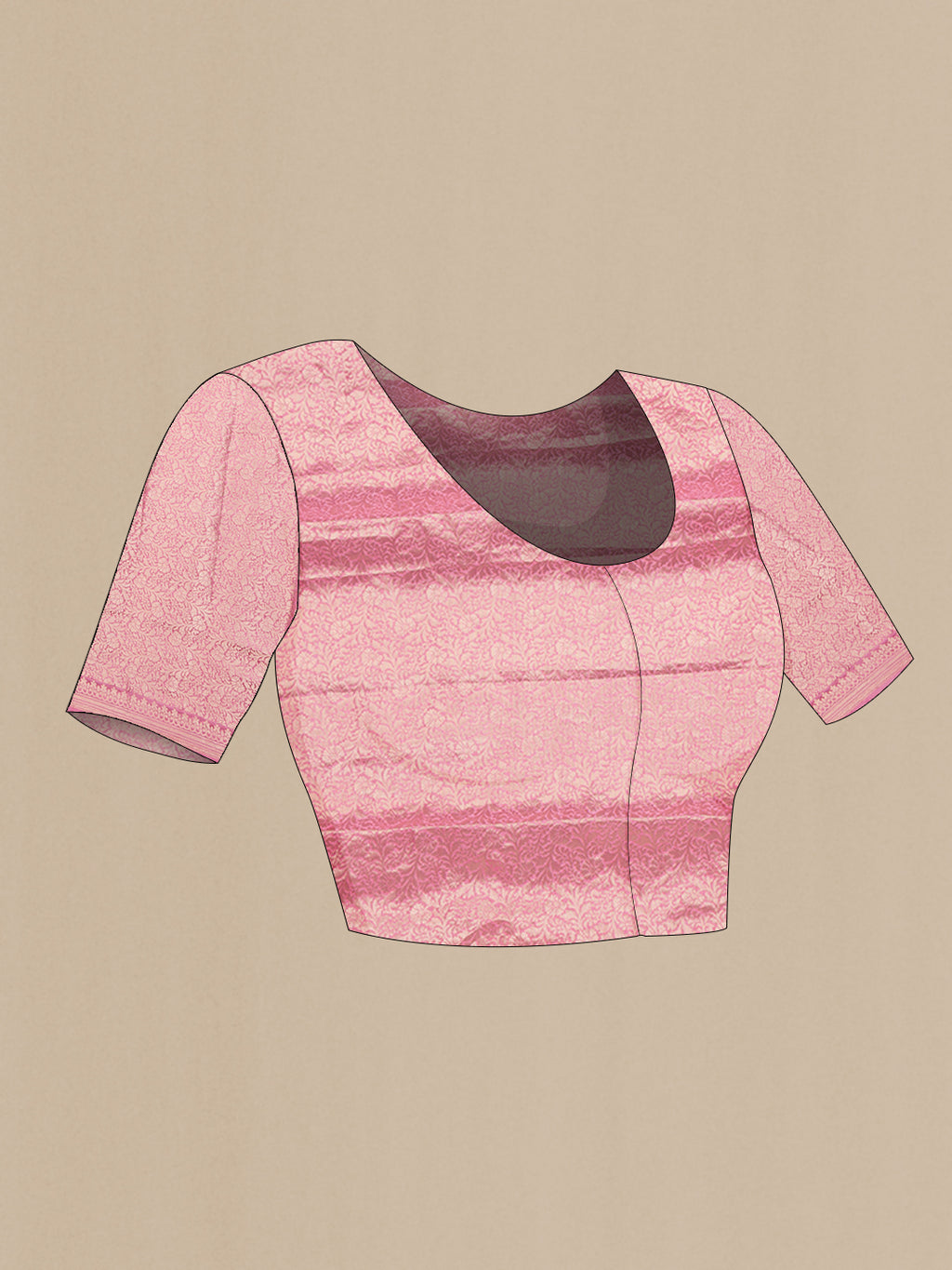 Close up image of the blouse of Pink Tussar Silk Saree with Zari Brocade on the body and Fancy Border. 