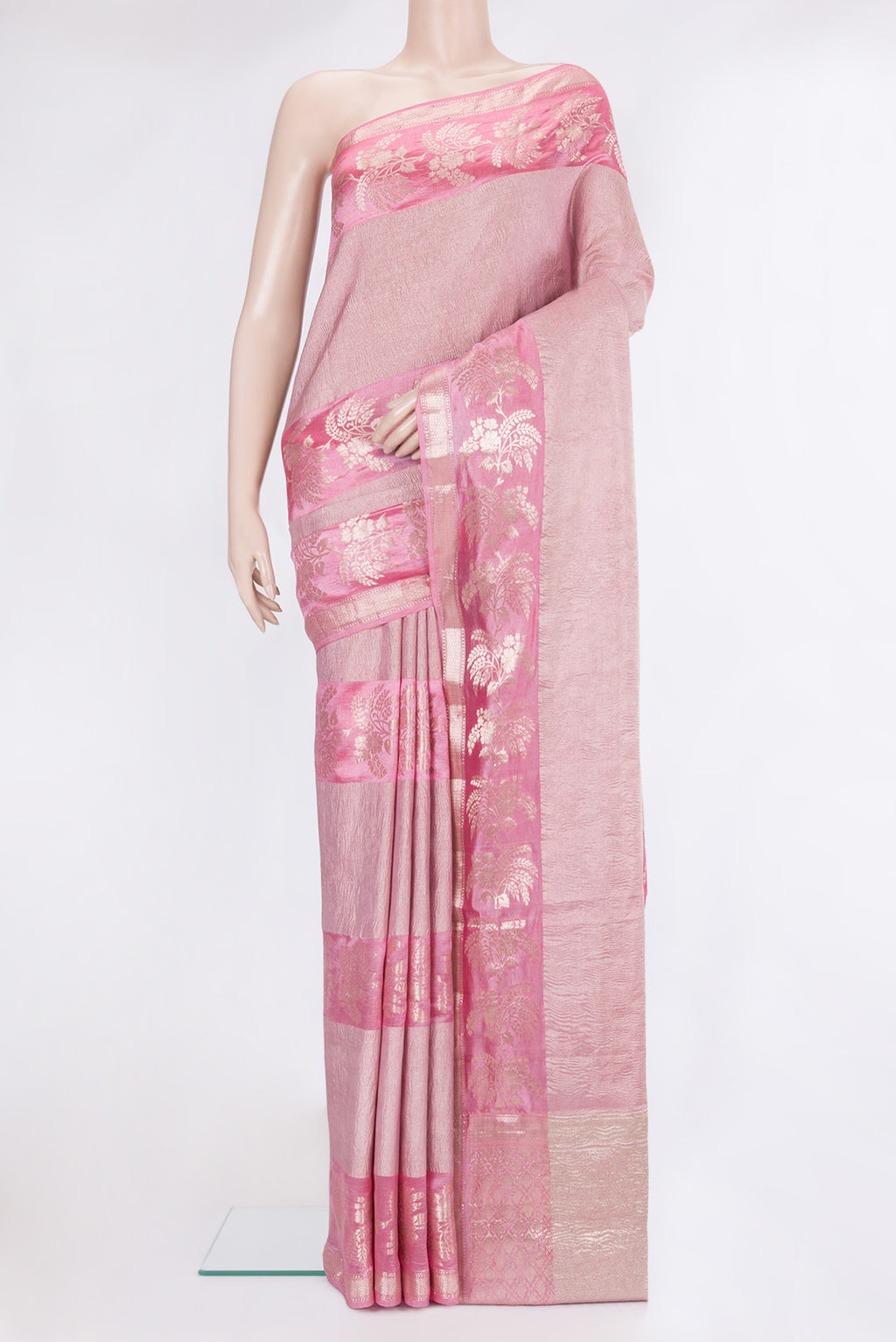 Pink Tussar Silk Saree with Zari Brocade on the body and Fancy Border.  displayed on a mannequin