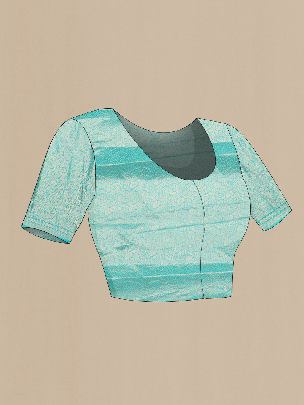 Close up image of the blouse of Sky Blue Tussar Silk Saree with Zari Butta on the body and Fancy Border. 