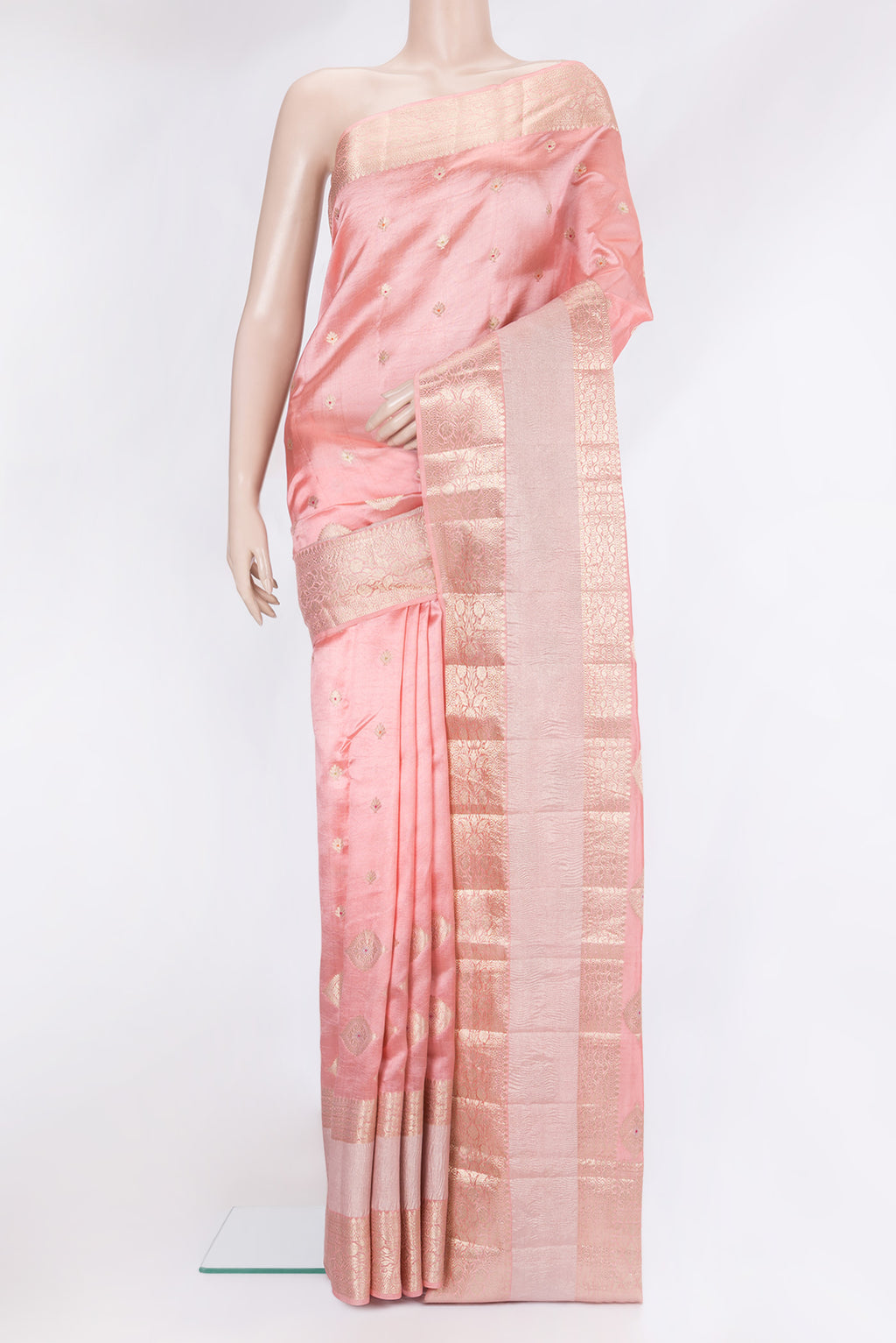 Rose pink Dual Tone Tussar Silk Saree with Zari Butta on the body and Fancy Border.  displayed on a mannequin