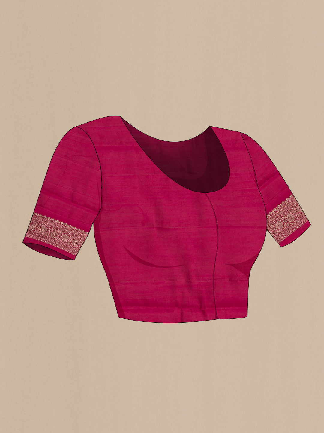 Close up image of the blouse of Dark Pink Tussar Silk Saree with Zari Butta on the body and Zari Border. 