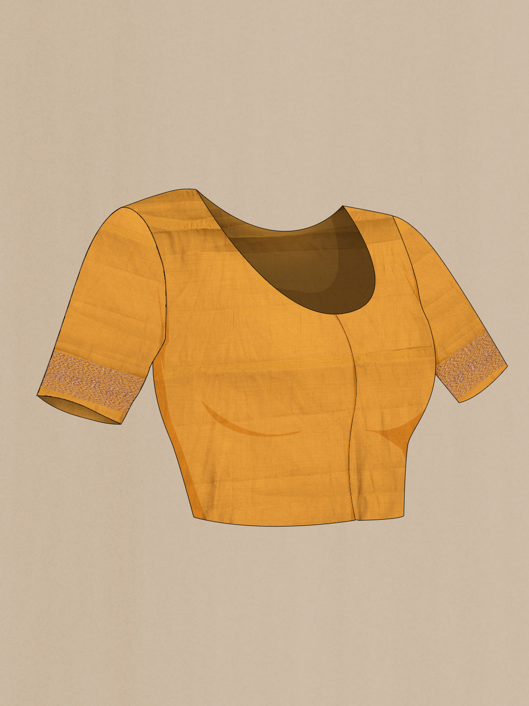 Close up image of the blouse of Pure Silk Mustard Tussar Saree with Zari Butta on the body and Zari Border. 