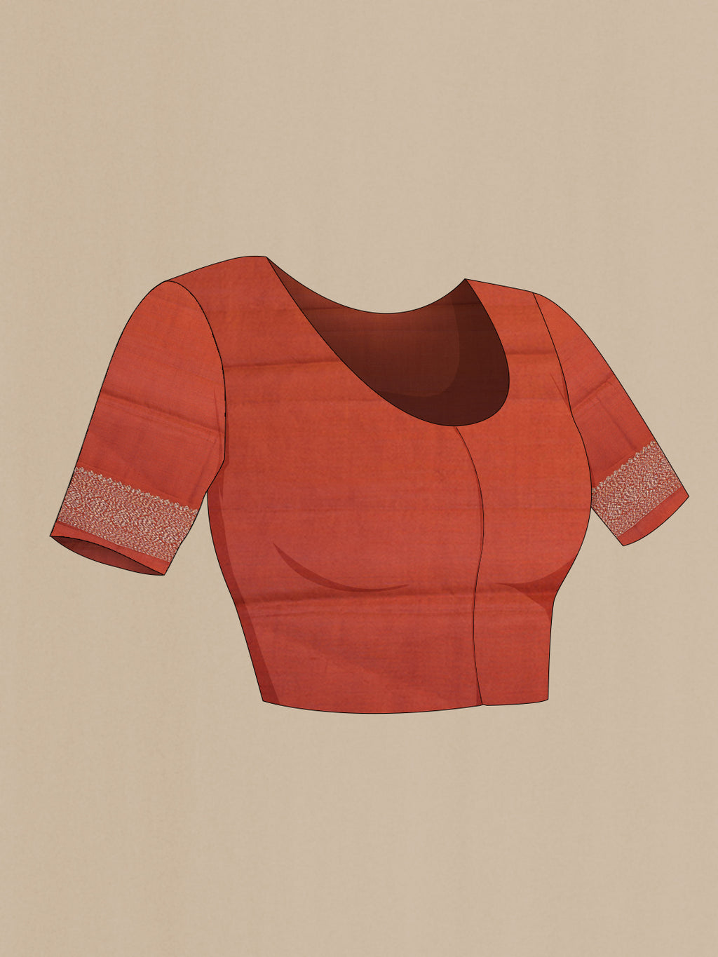 Close up image of the blouse of Rust Tussar Silk Saree with Zari Butta on the body and Zari Border. 