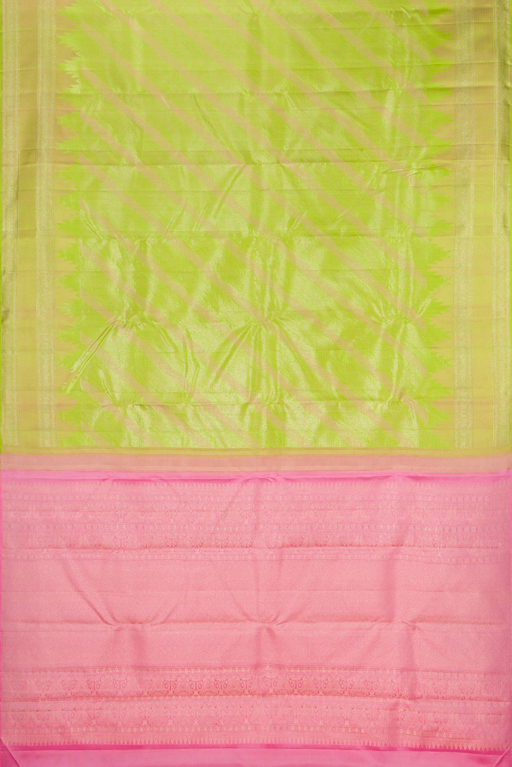 Flat view of Parrot Green Dual Tone Kanjivaram Silk Saree with Stripes on the body and Fancy Border. 