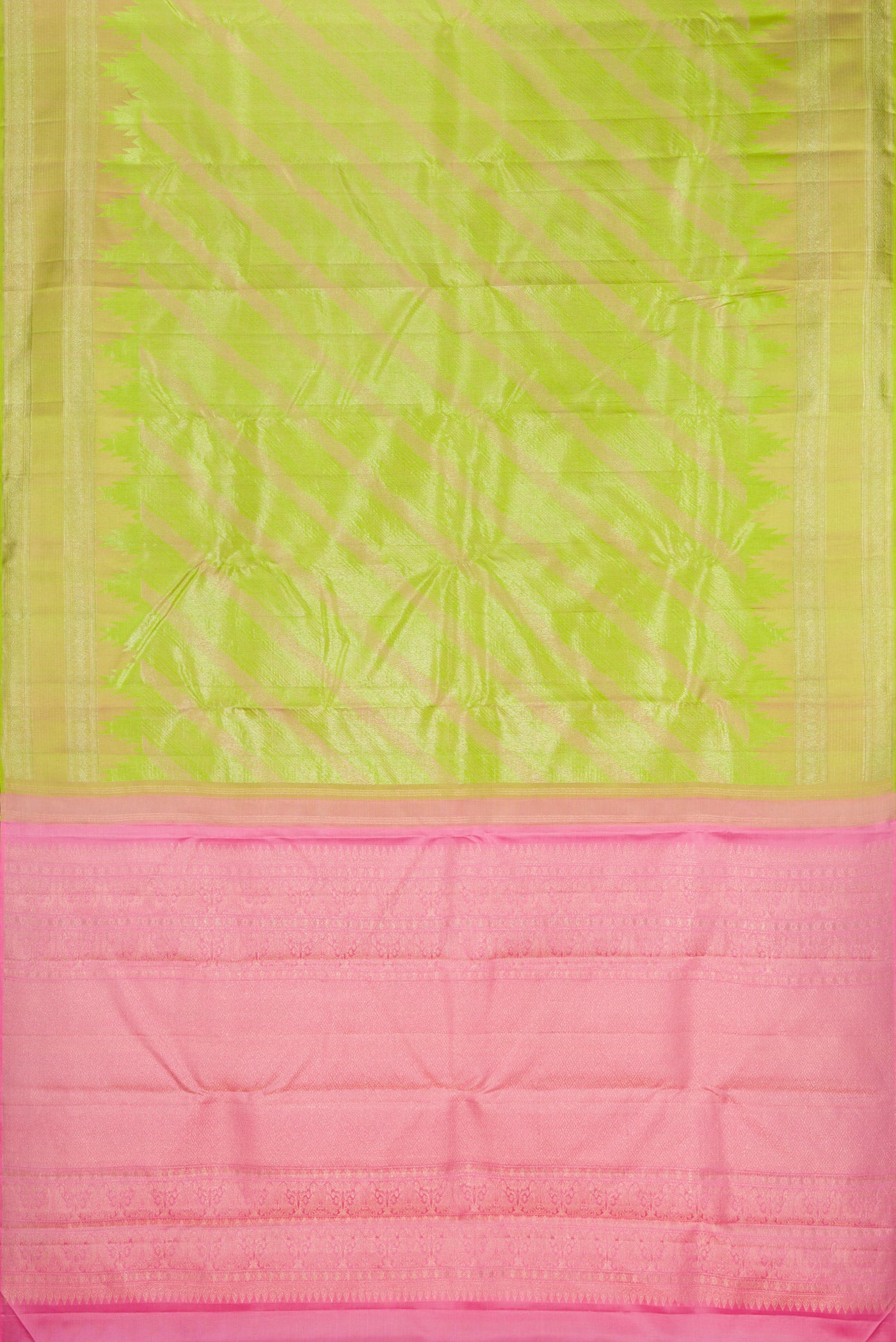 Flat view of Parrot Green Dual Tone Kanjivaram Silk Saree with Stripes on the body and Fancy Border. 