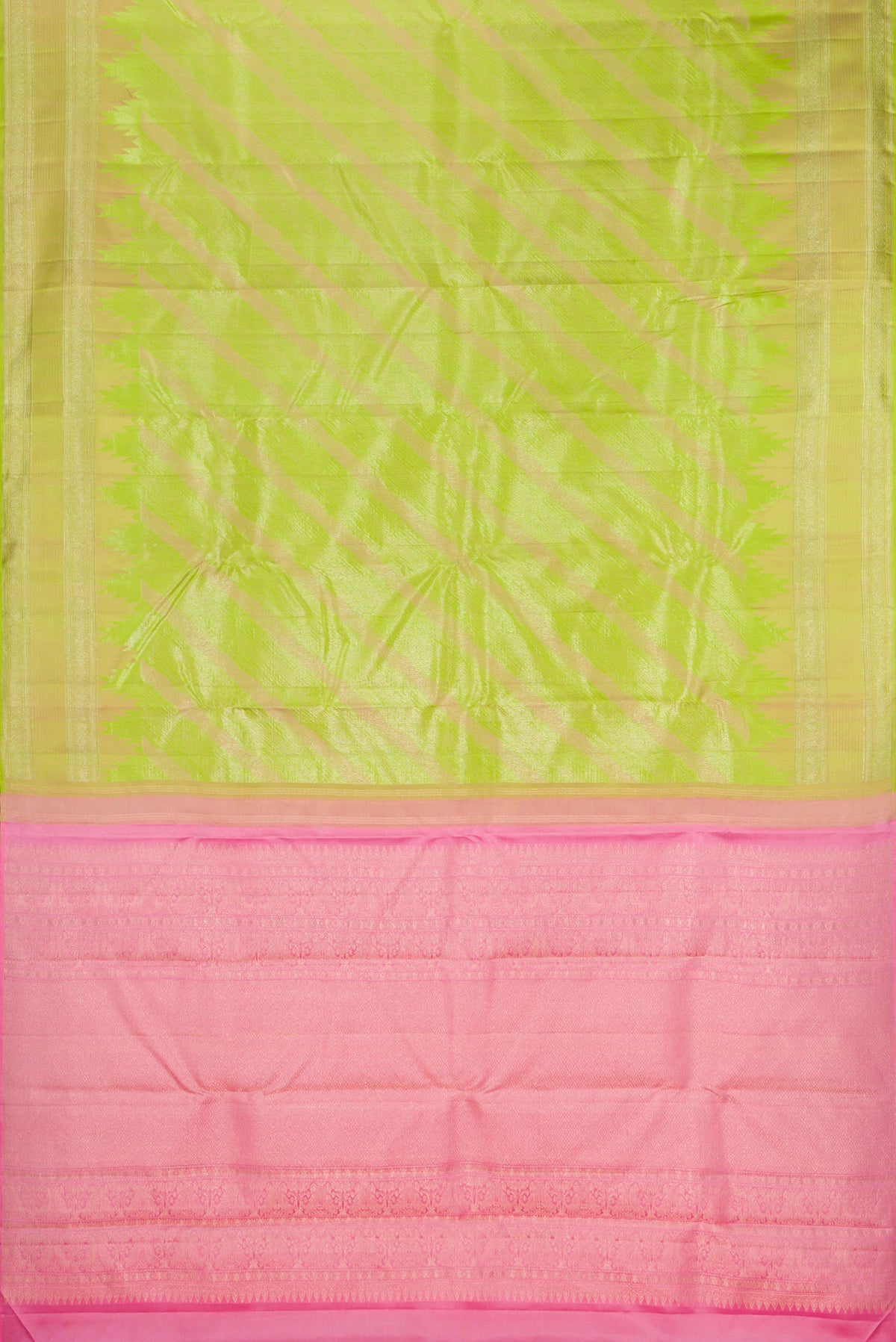 Flat view of Parrot Green Dual Tone Kanjivaram Silk Saree with Stripes on the body and Fancy Border. 